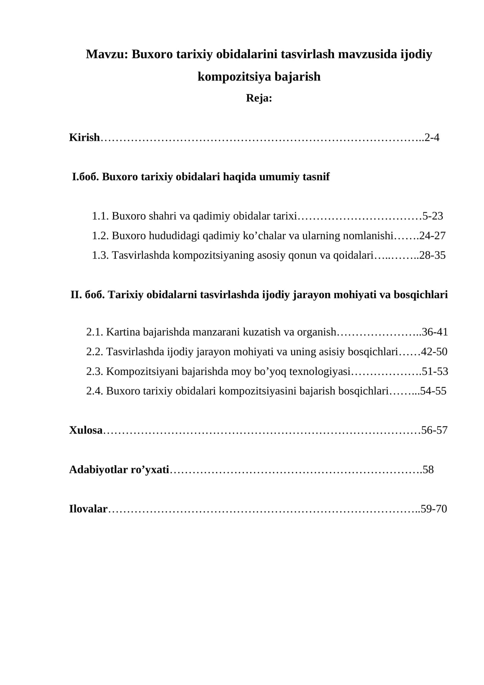 Buxoro tarixiy obidalarini tasvirlash mavzusida ijodiy kompozitsiya bajarish.