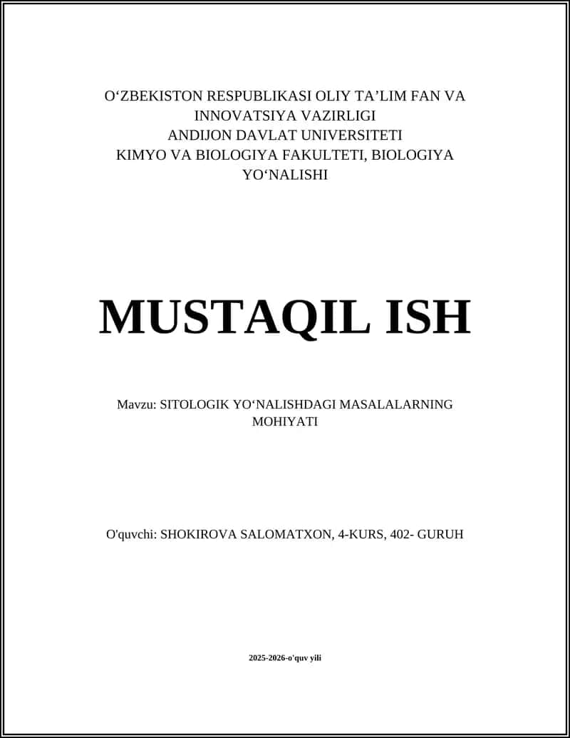 SITOLOGIK YO'NALISHDAGI MASALALARNING MOHIYATI