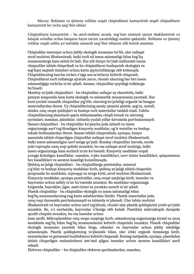 Reklama va ijtimoiy roliklar orqali chiqindilarni kamaytirish orqali chiqindilarni kamaytirish bo’yicha targ’ibot ishlari