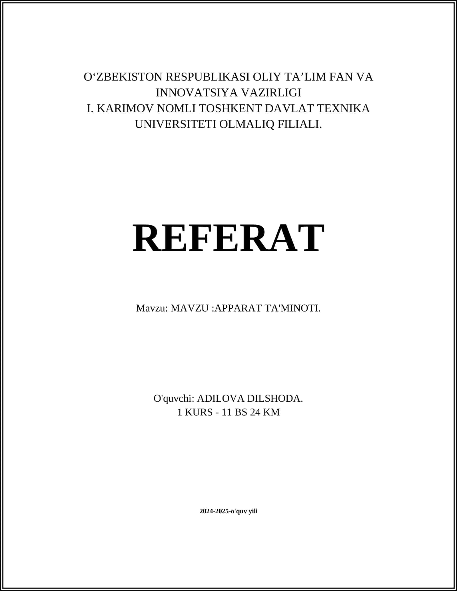 APPARAT TA'MINOTI
