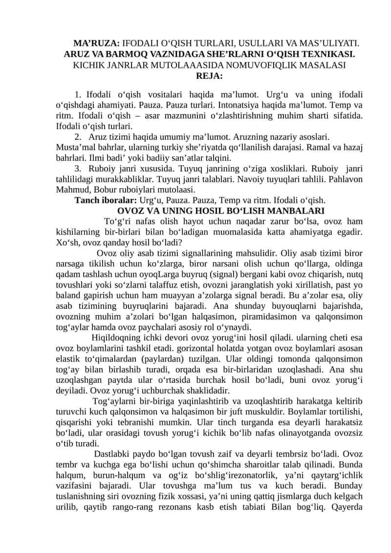 MA’RUZA: IFODALI O‘QISH TURLARI, USULLARI VA MAS’ULIYATI