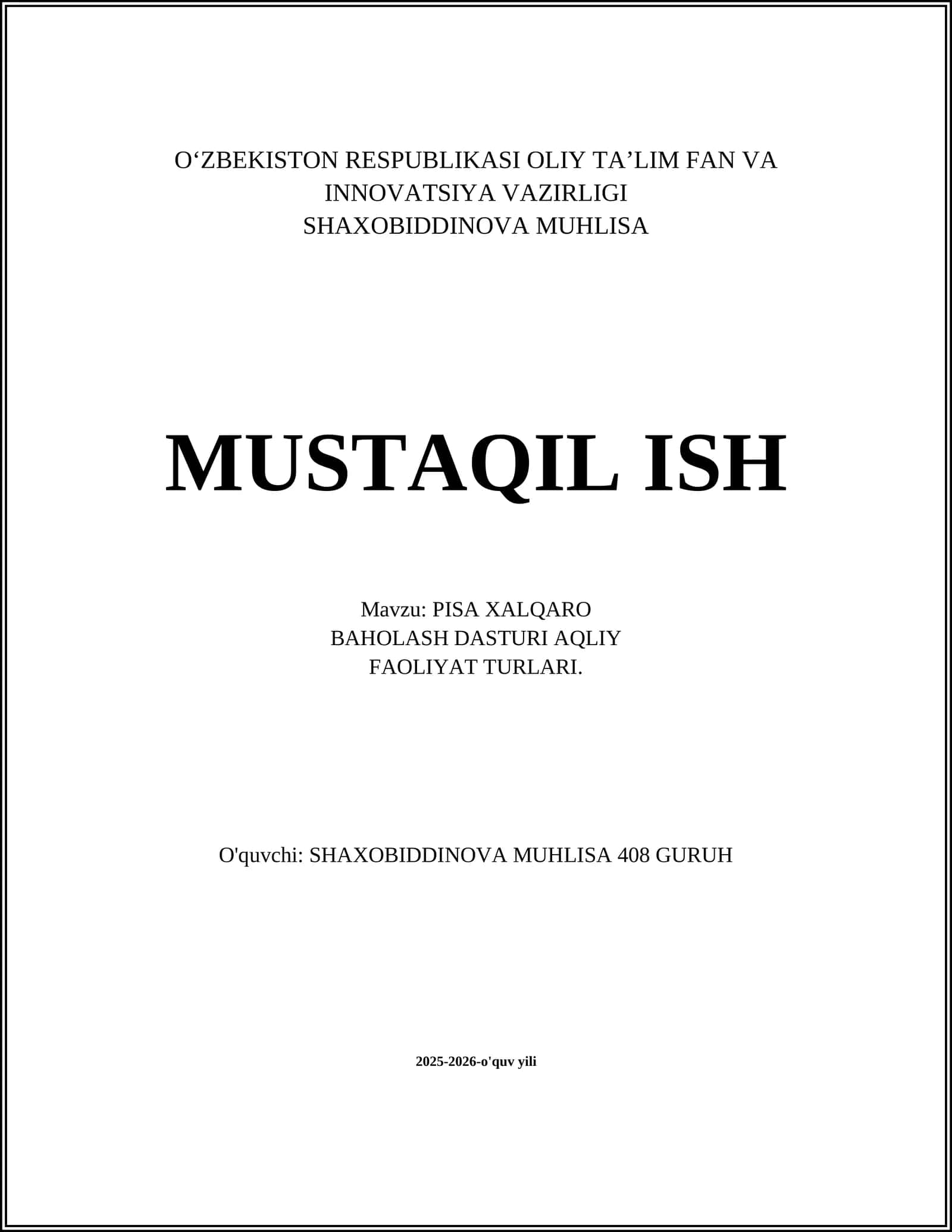 PISA XALQARO BAHOLASH DASTURI AQLIY FAOLIYAT TURLARI