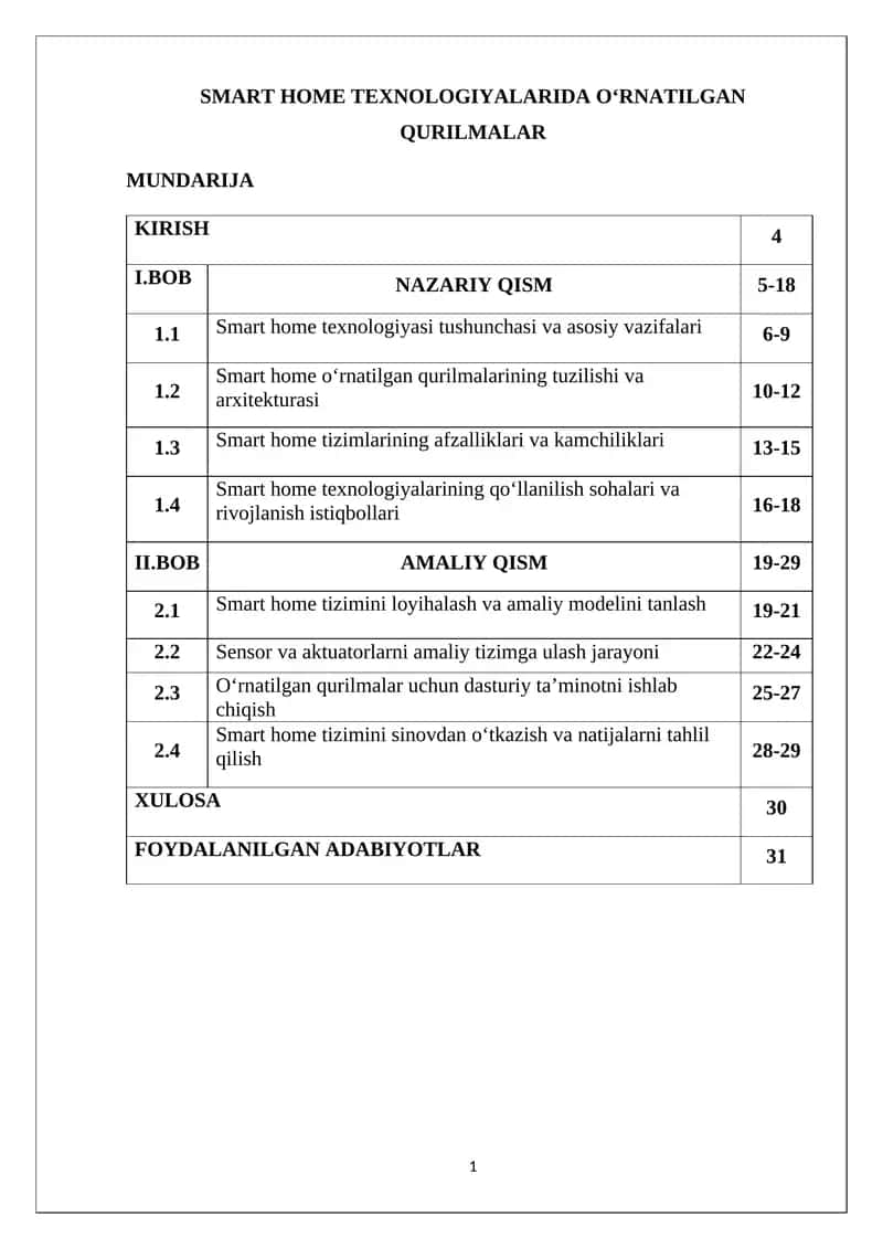 SMART HOME TEXNOLOGIYALARIDA O‘RNATILGAN QURILMALAR