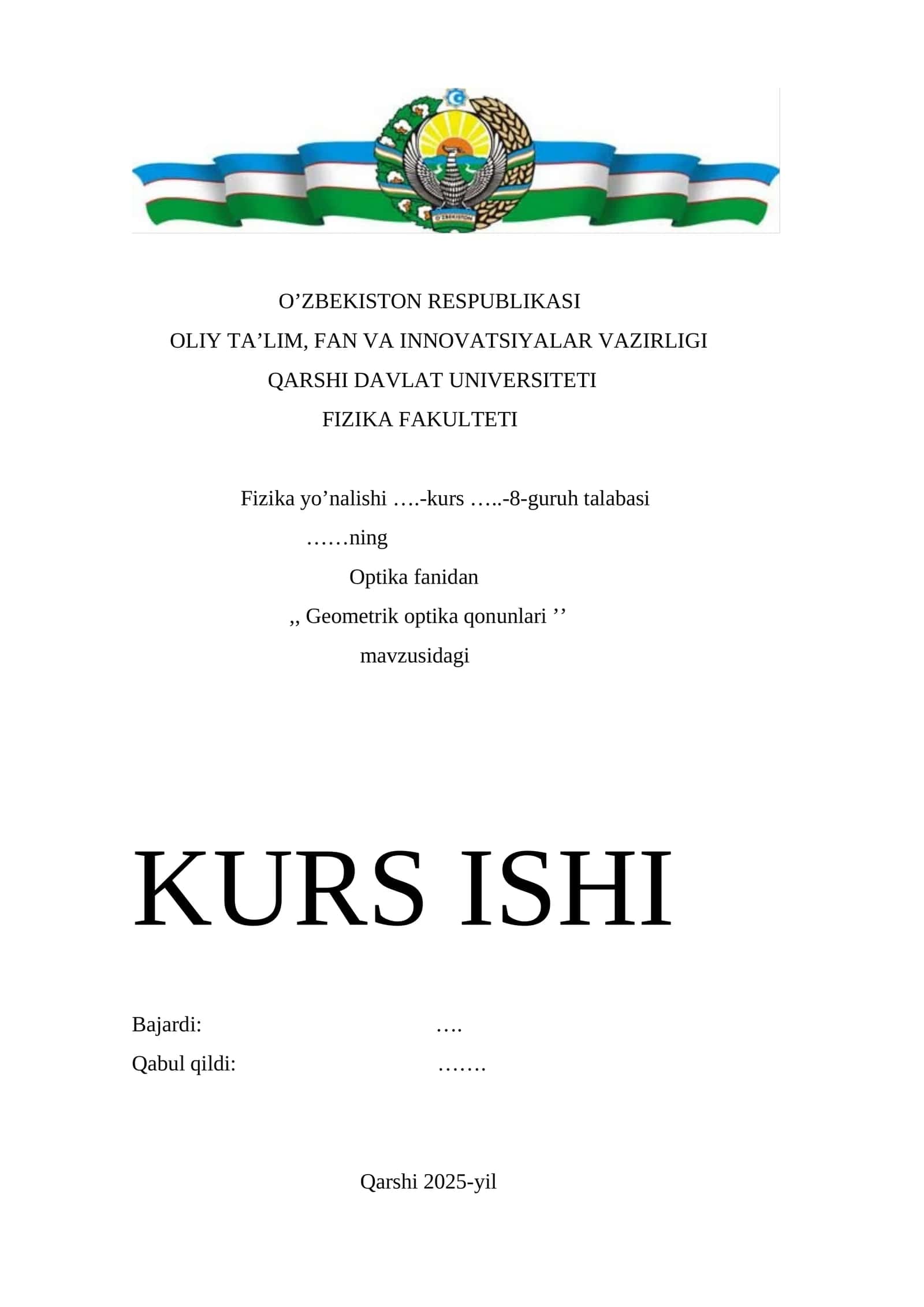 Geometrik optika qonunlari mavzusida tayyor kurs ishi.
