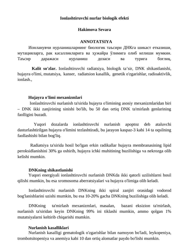 Ionlashtiruvchi nurlar biologik efekti