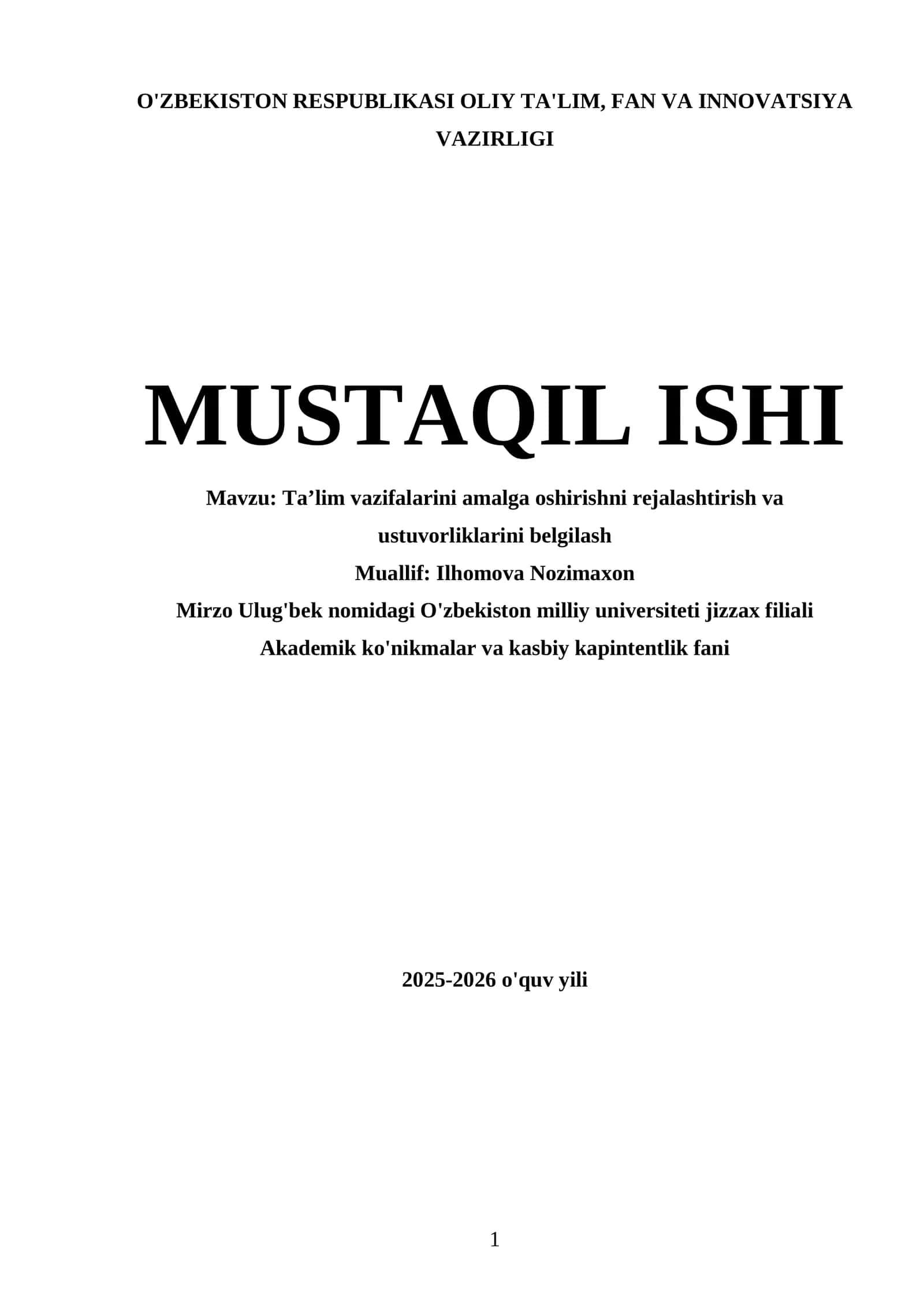 Ta'lim vazifalarini amalga oshirishni rejalashtirish va ustuvorliklarini belgilash