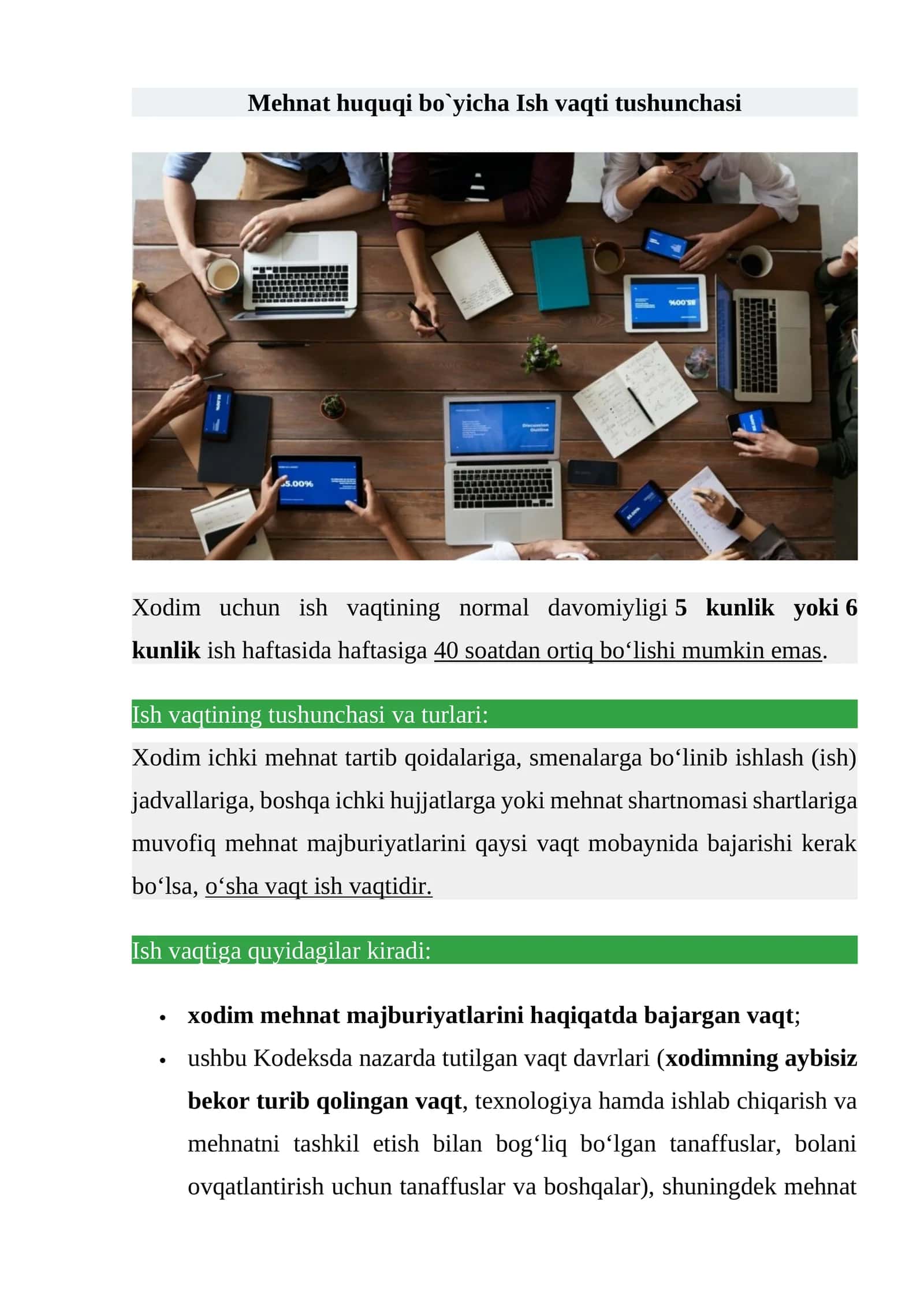 Mehmat huquqi bo`yicha Ish vaqti tushunchasi