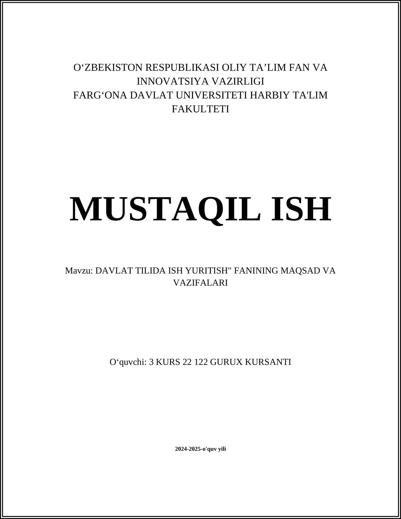 DAVLAT TILIDA ISH YURITISH" FANINING MAQSAD VA VAZIFALARI