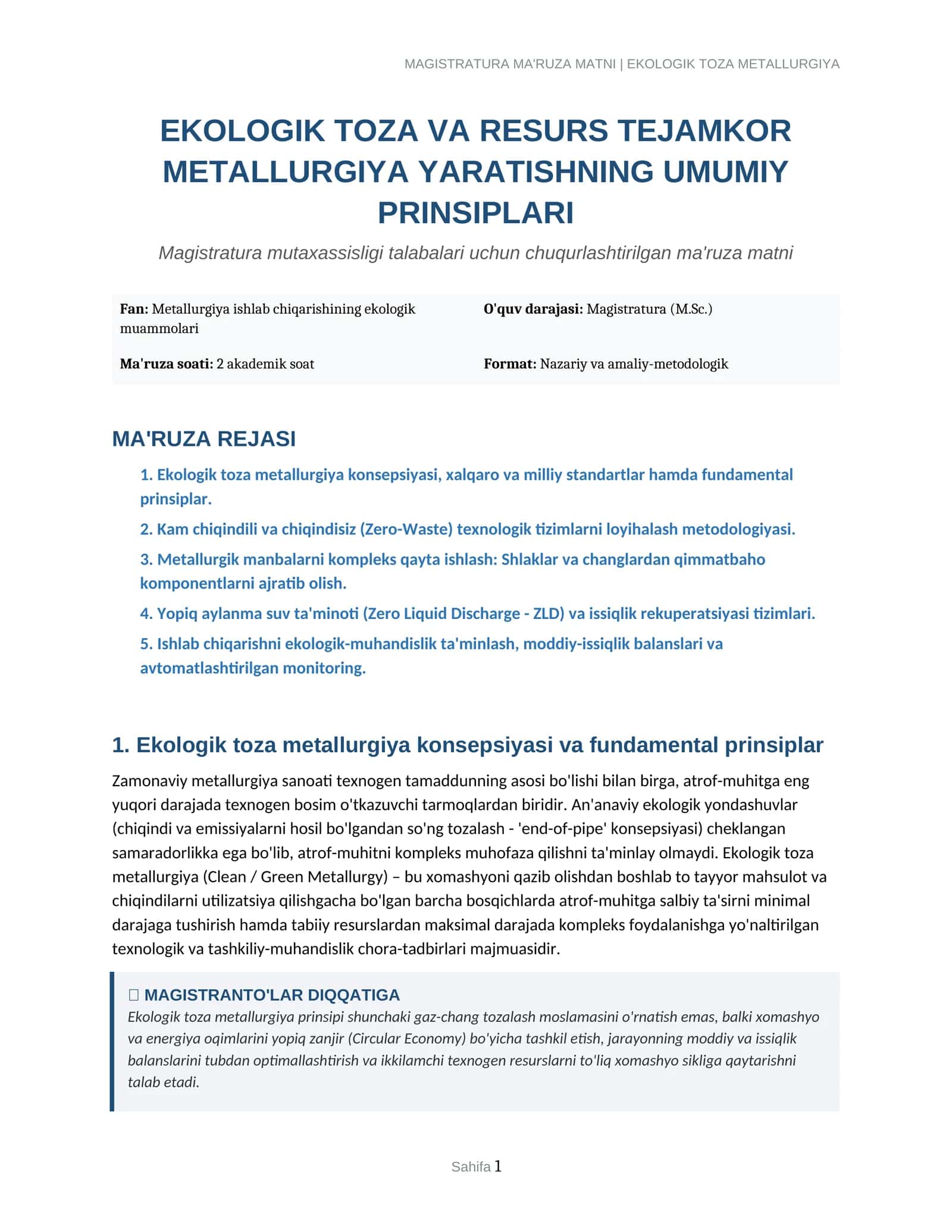 MAGISTRATURA MA'RUZA MATNI | EKOLOGIK TOZA METALLURGIYA