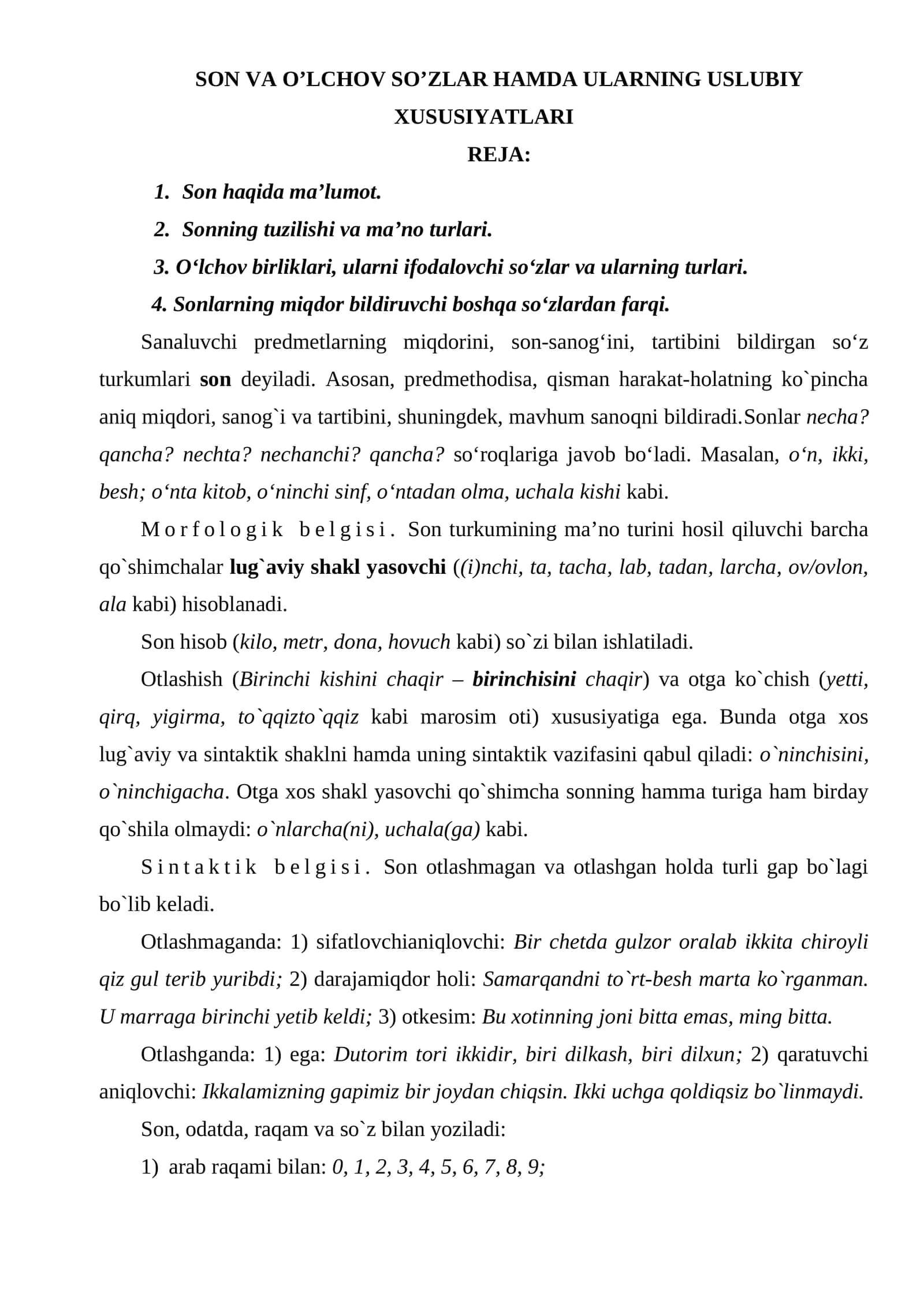 Son va O’lchov So’zlar hamda Ularning Uslubiy Xususiyatlari