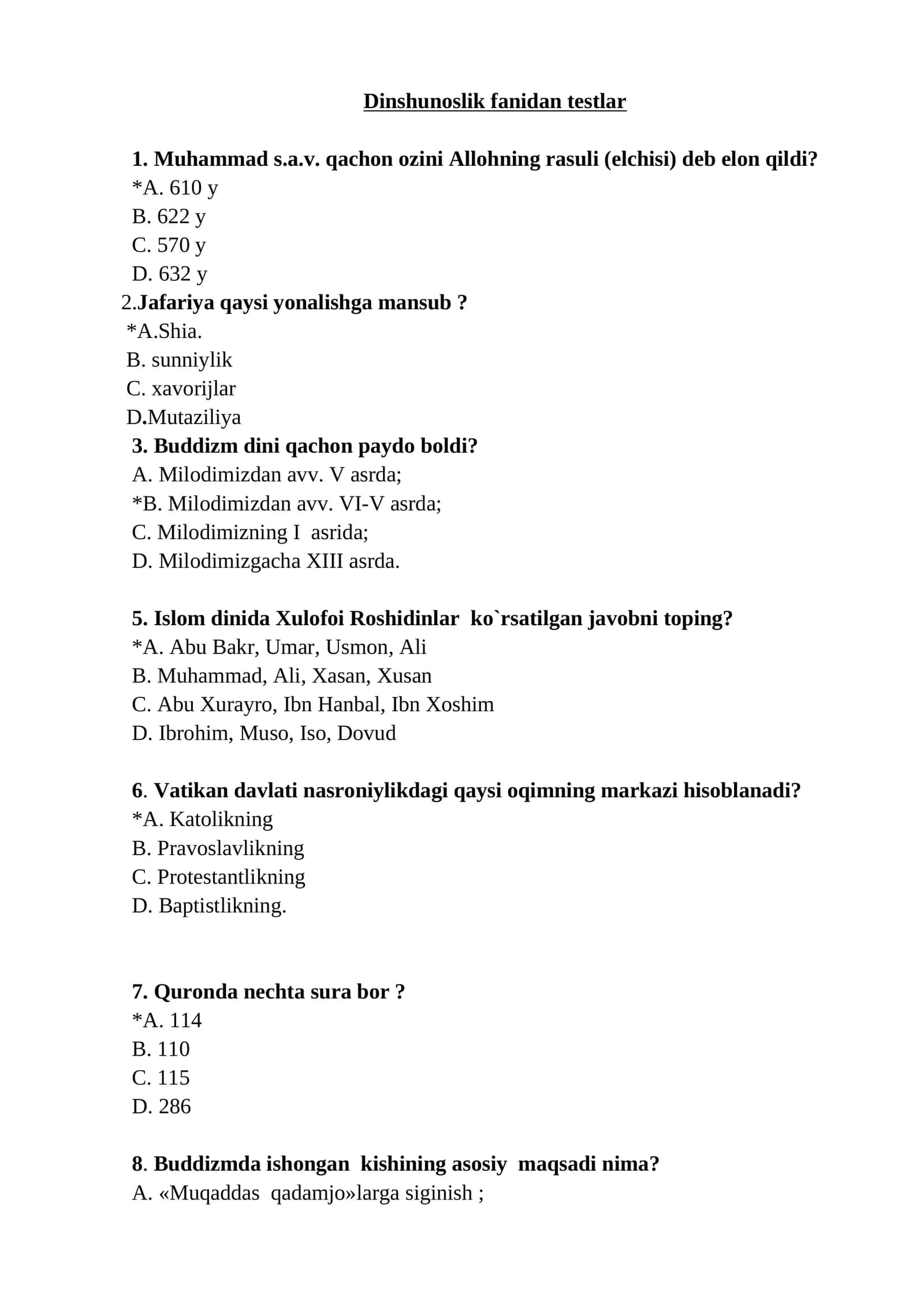Dinshunoslik fanidan testlar