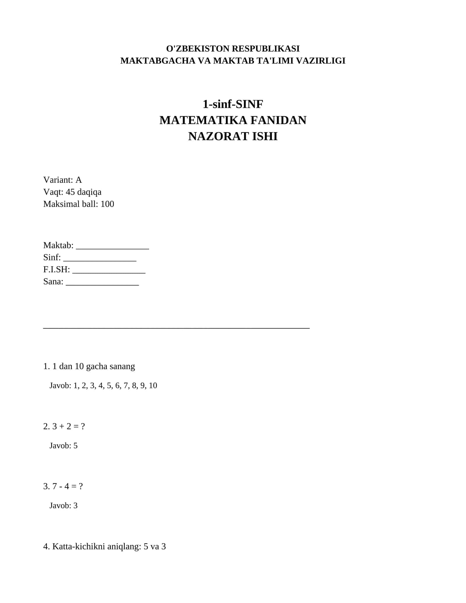 Matematika Fanidan Nazorat Ishi Variant A