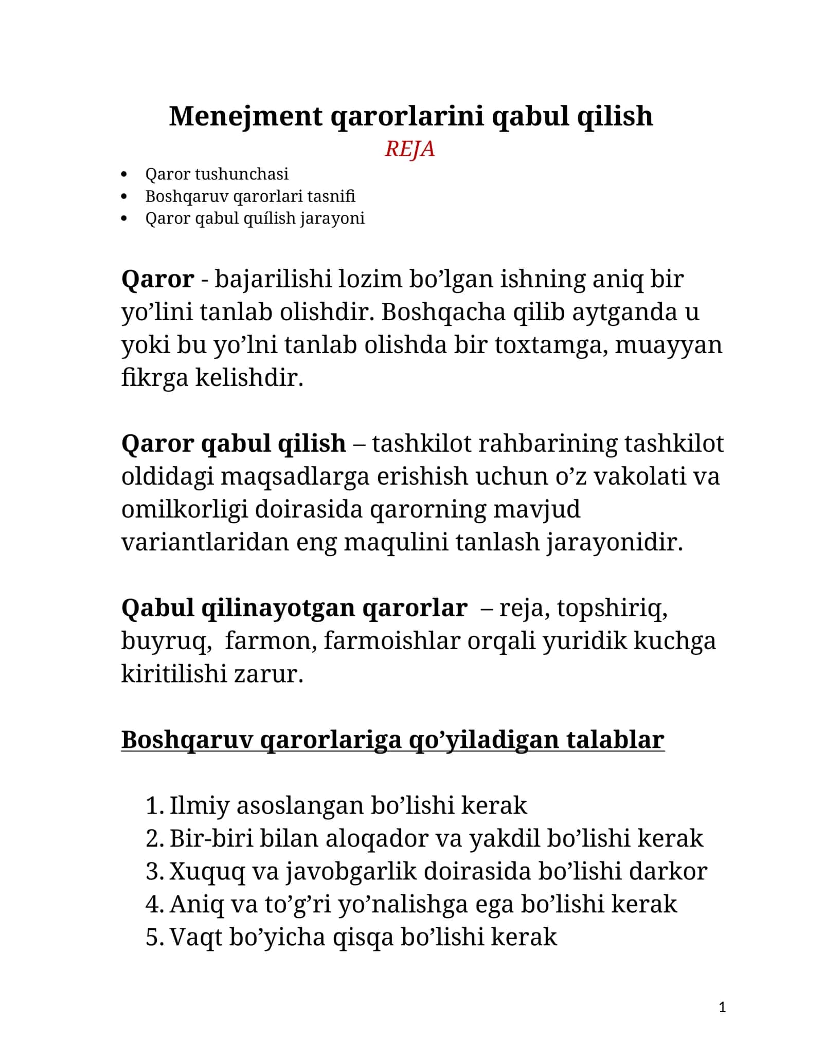 Menejment fani: Qarorlarini qabul qilish