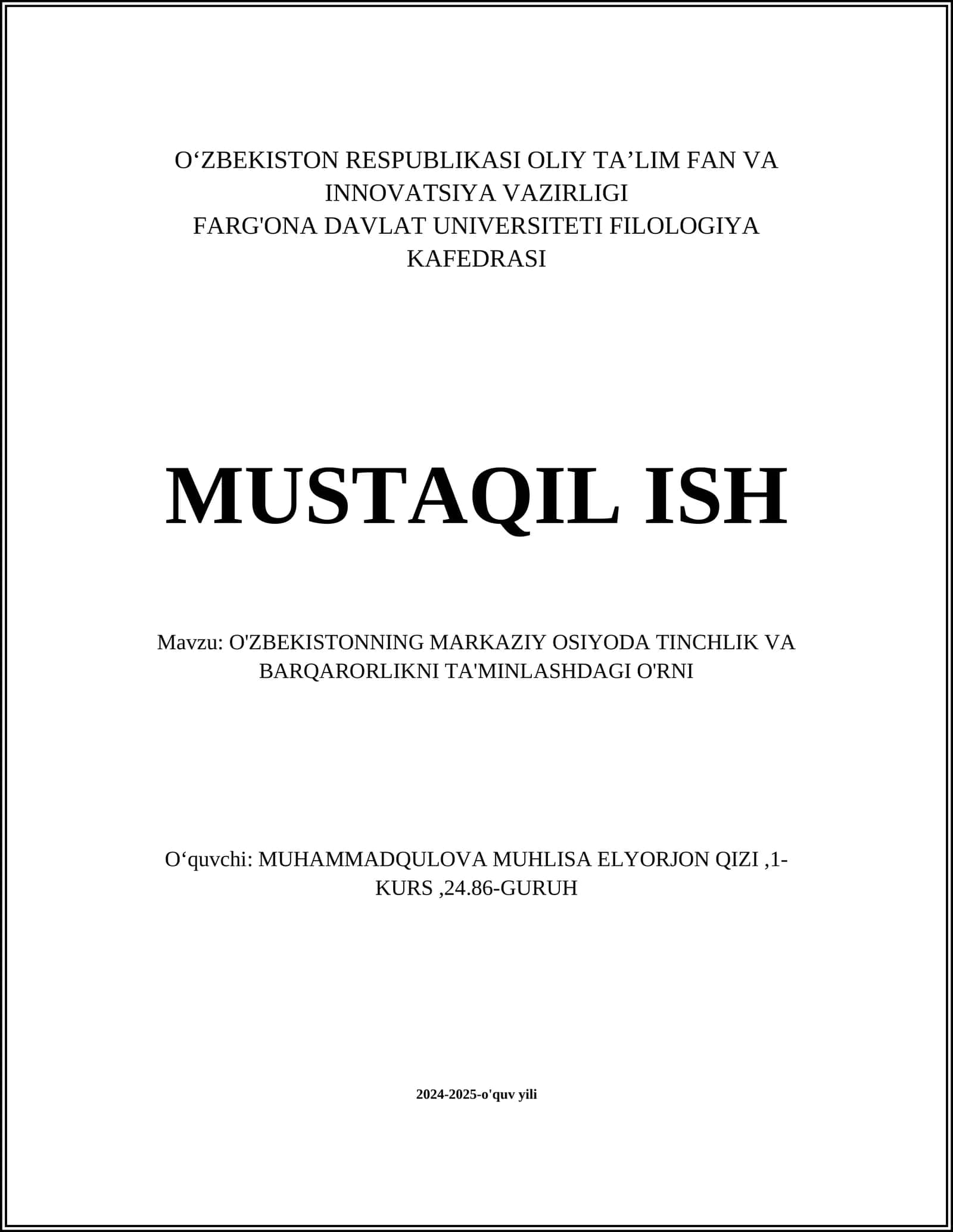 O'zbekistoning markaziy Osiyoda tinchlik va barqarorlikni ta'minlashdagi o'rni