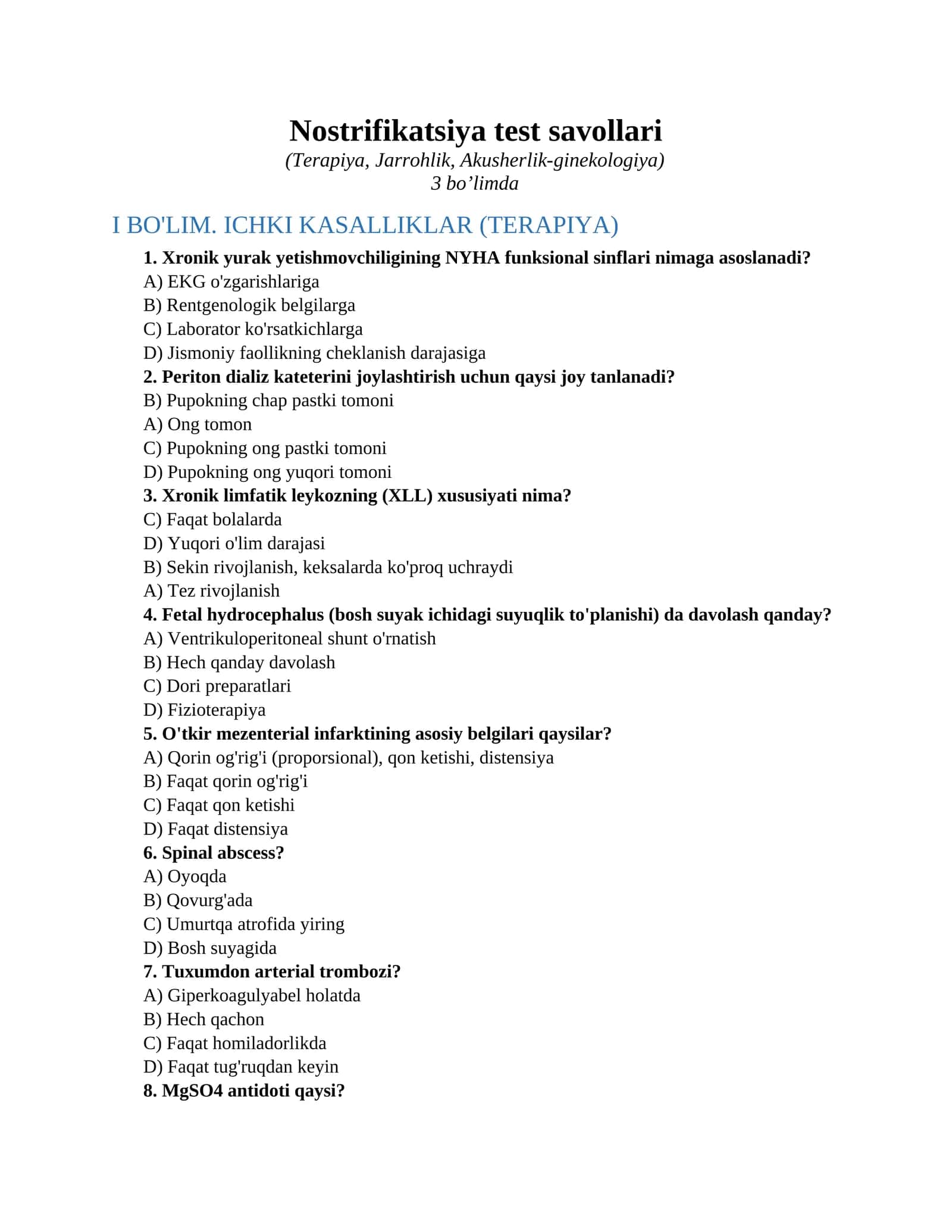 Nostrifikatsiya test savollari