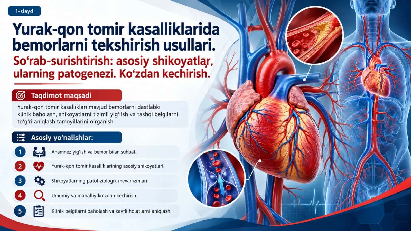 Yurak-qon tomir kasalliklarida bemorlarni tekshirish usullari. So‘rab-surishtirish: asosiy shikoyatlar, ularning patogenezi. Ko‘zdan kechirish