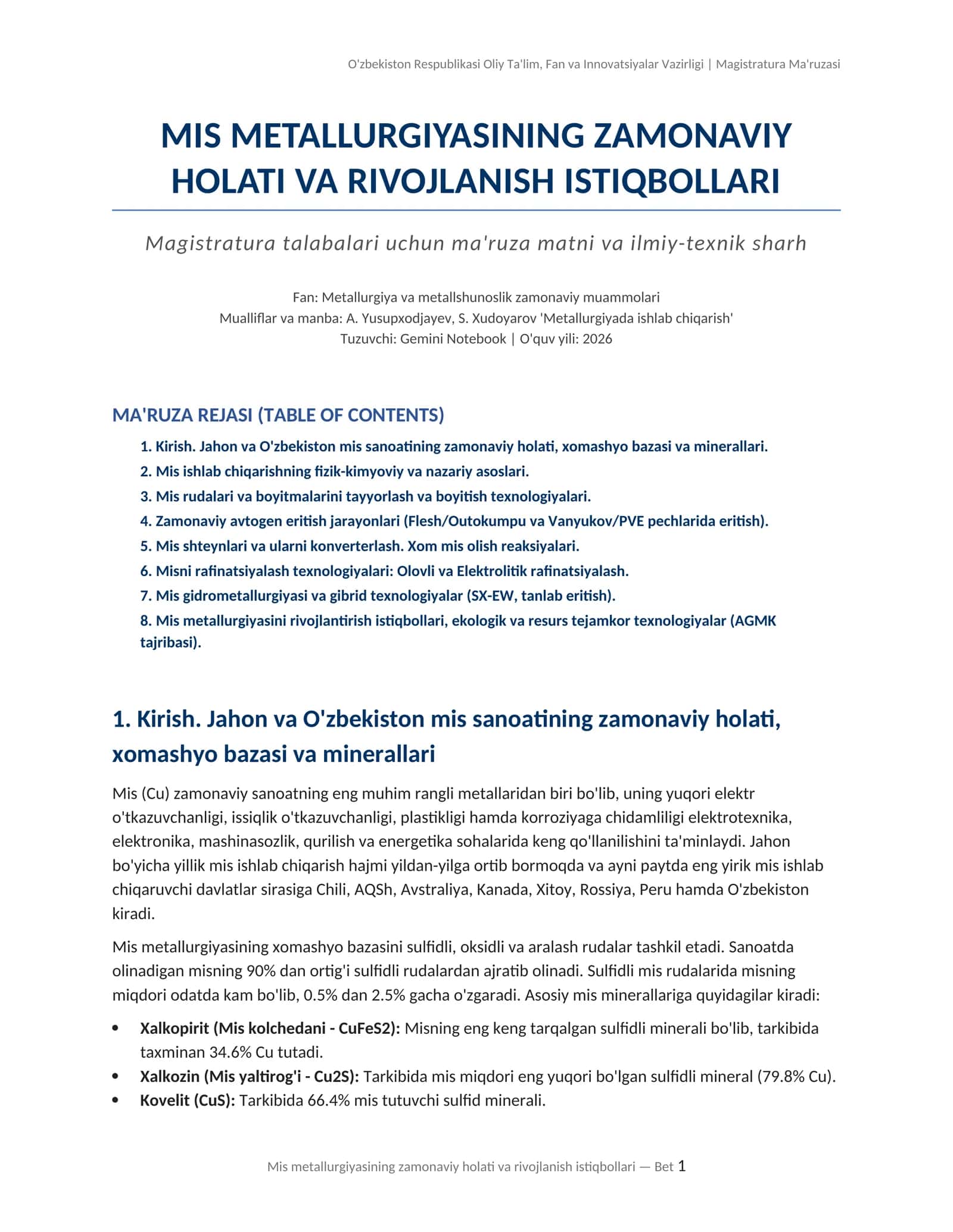 MIS METALLURGIYASINING ZAMONAVIY HOLATI VA RIVOJLANISH ISTIQBOLLARI