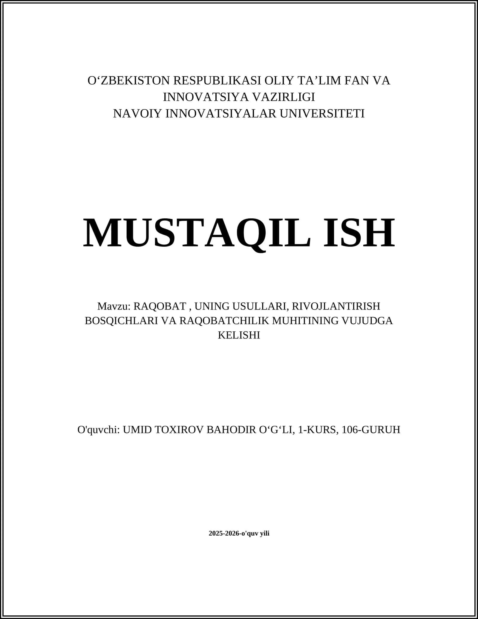 RAQOBAT, UNING USULLARI, RIVOJLANTIRISH BOSQICHLARI VA RAQOBATCHILIK MUHITINING VUJUDGA KELISHI