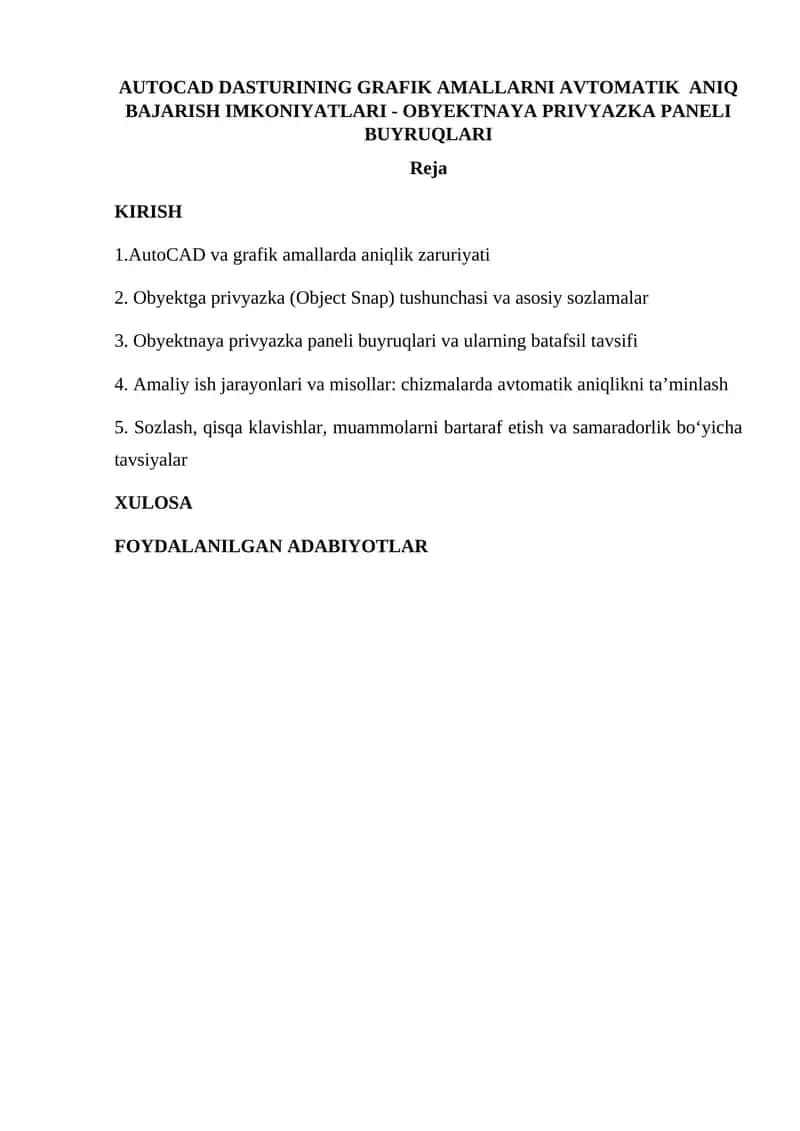 Obyektnaya privyazka paneli buyruqlari