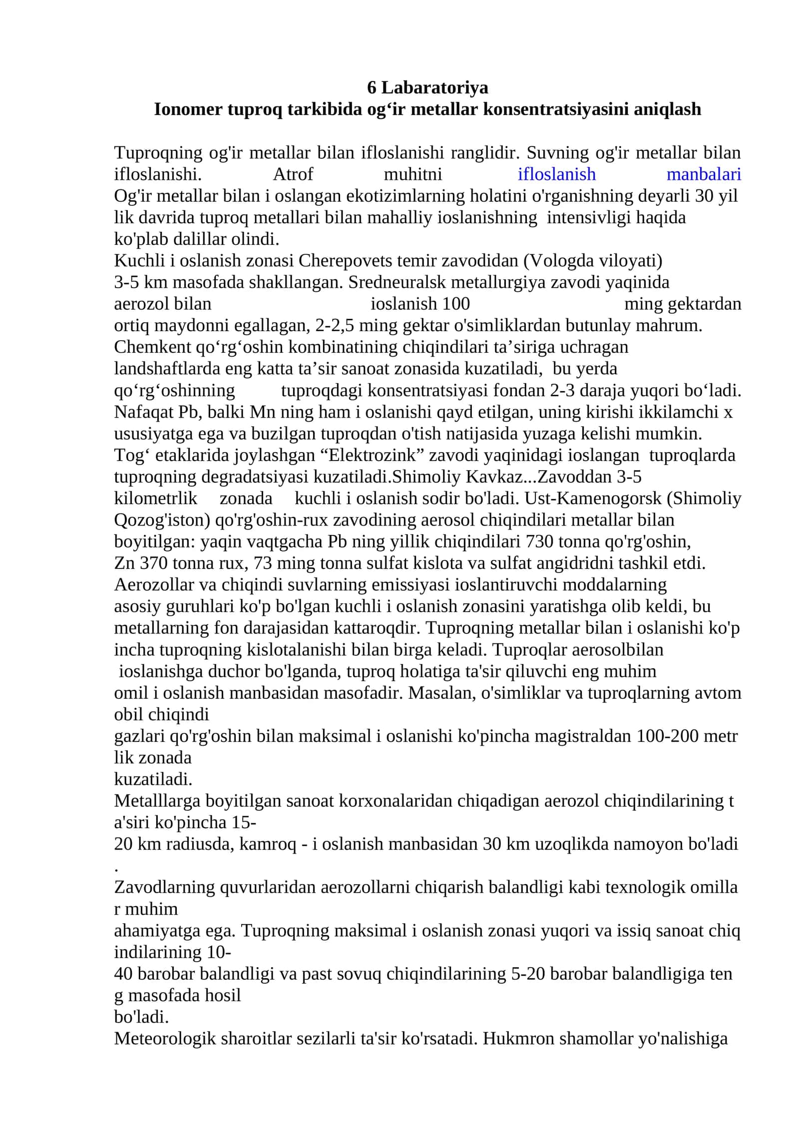 Ionomer tuproq tarkibida og‘ir metallar konsentratsiyasini aniqlash