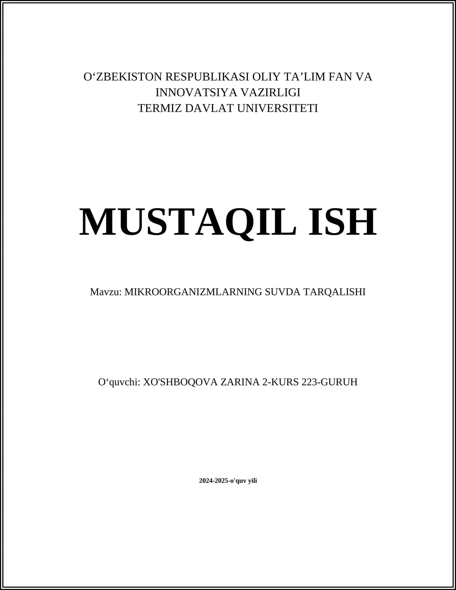 MIKROORGANIZMLARNING SUVDA TARQALISHI
