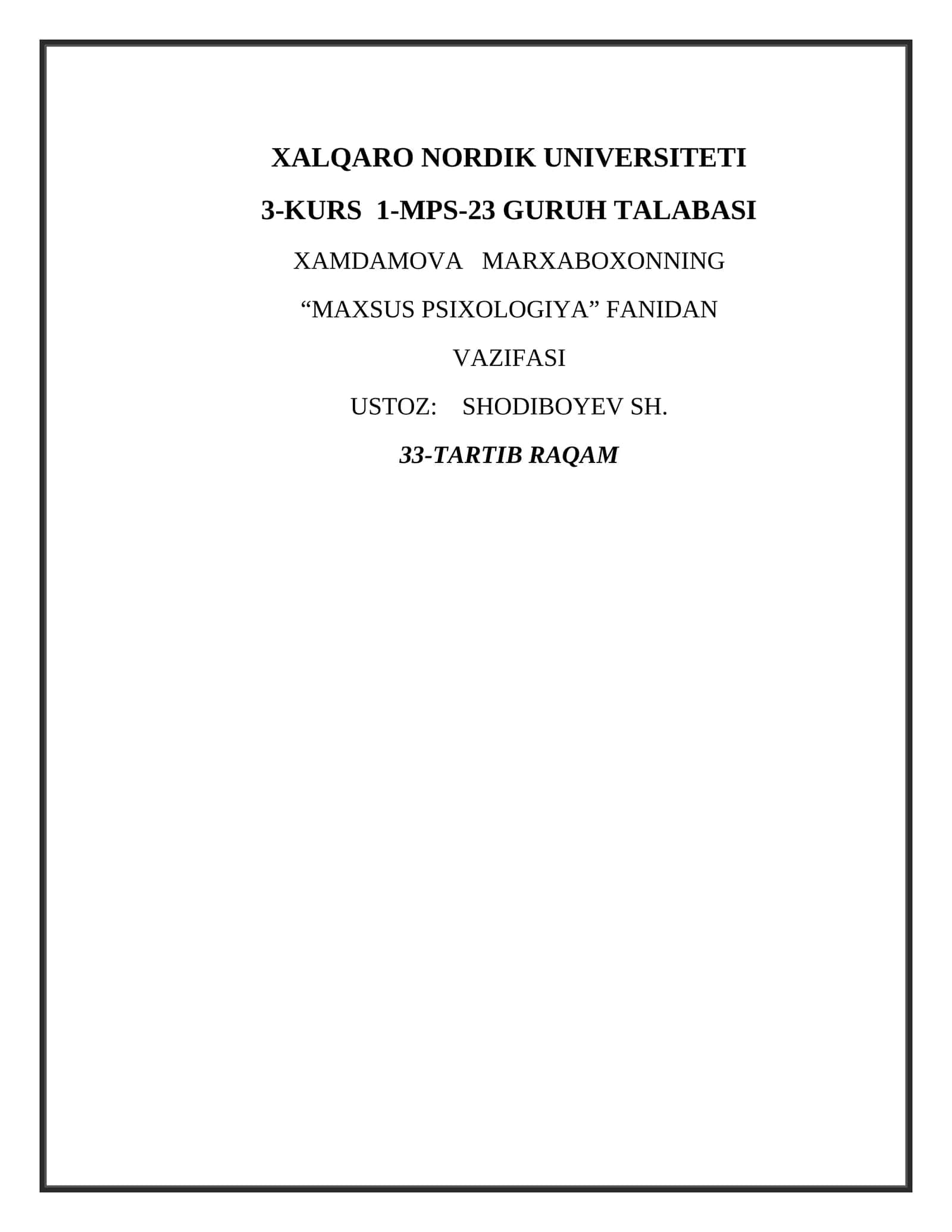 MARXABOXONNING “MAXSUS PSIXOLOGIYA” FANI