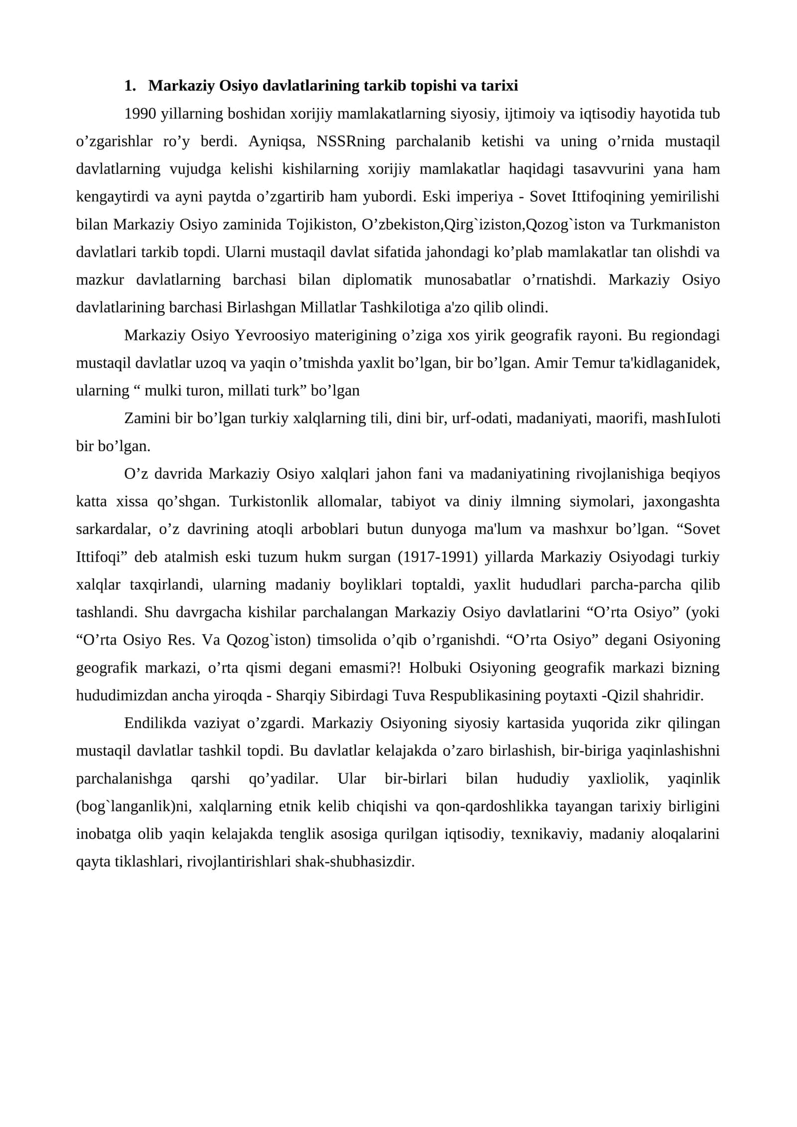 Markaziy Osiyo davlatlarining tarkib topishi va tarixi