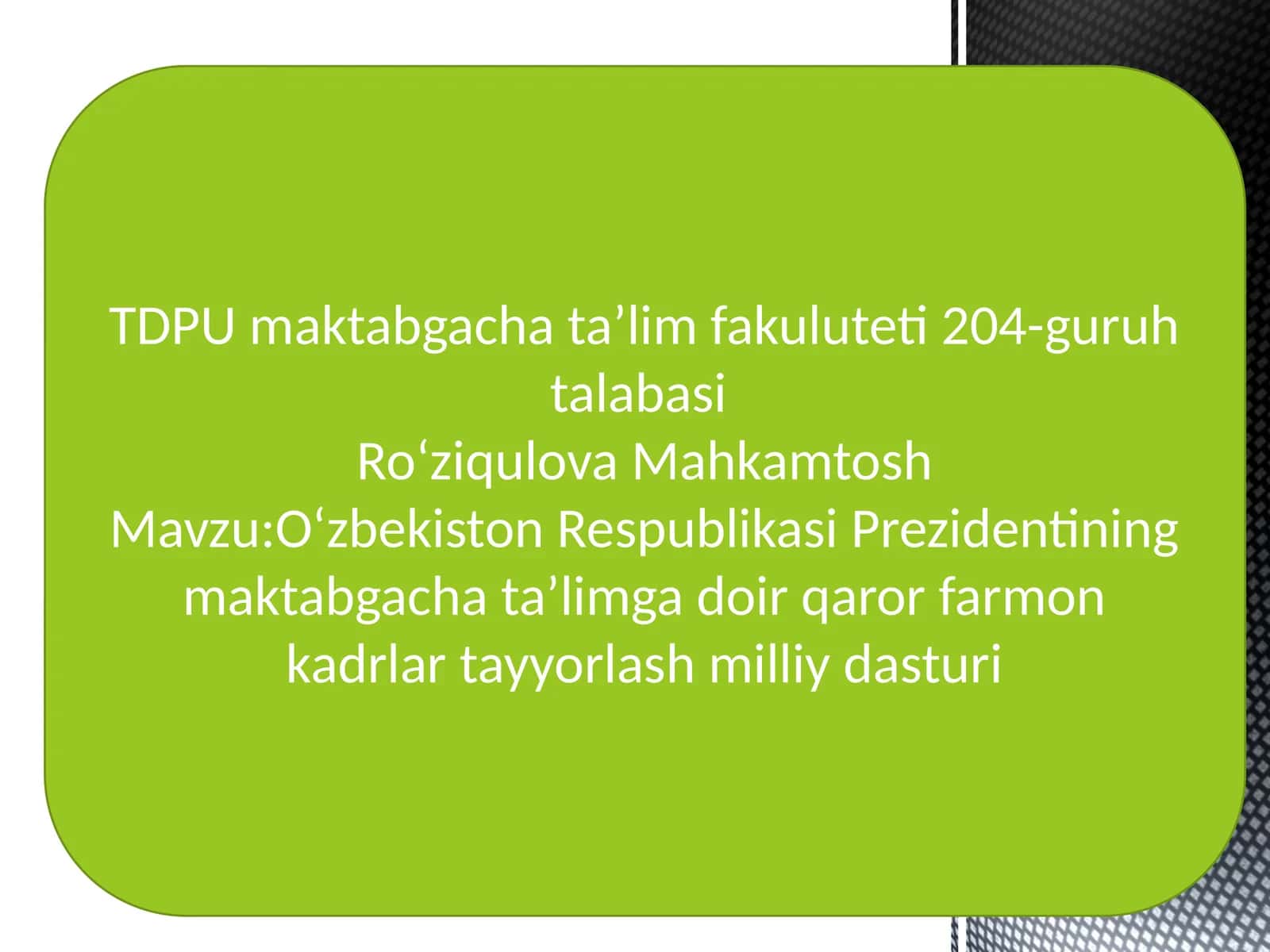 O‘zbekiston Respublikasi Prezidentining maktabgacha ta’lim gadoirqaror farmoni kadrlar tayyorlash milliy dasturi