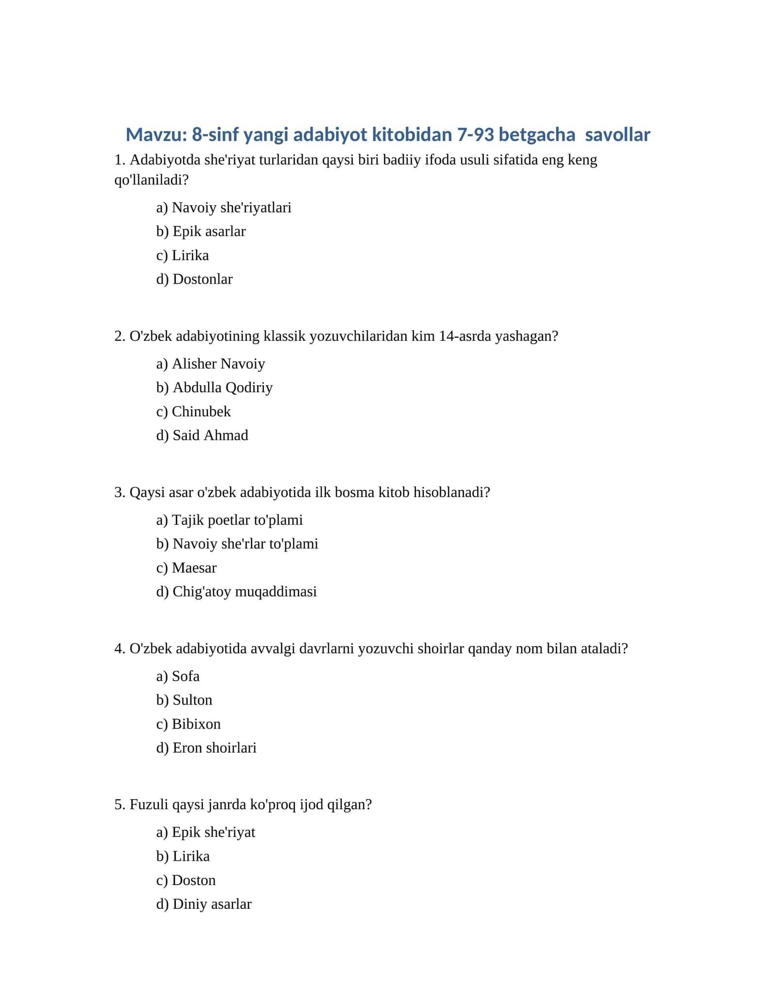 8-sinf yangi adabiyot kitobidan 7-93 betgacha savollar