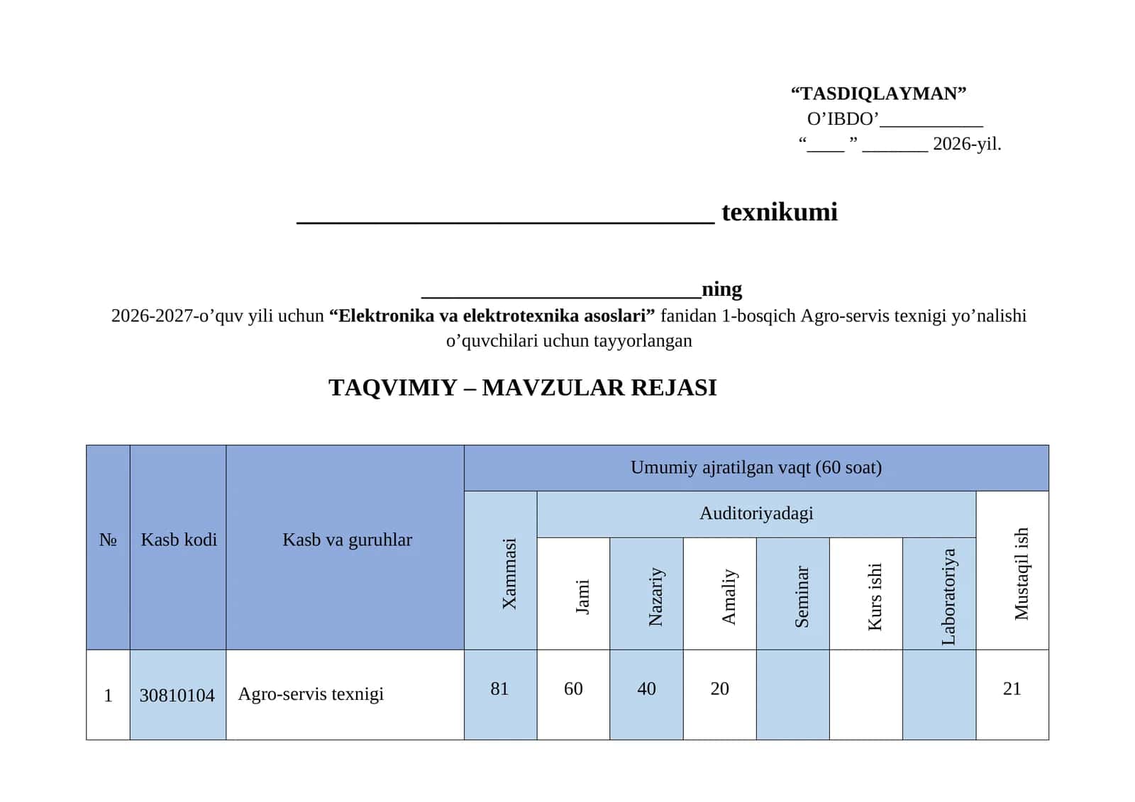 Texnikum Elektrotexnika fani Agro servis texnigi yo'nalishi uchun taqvim