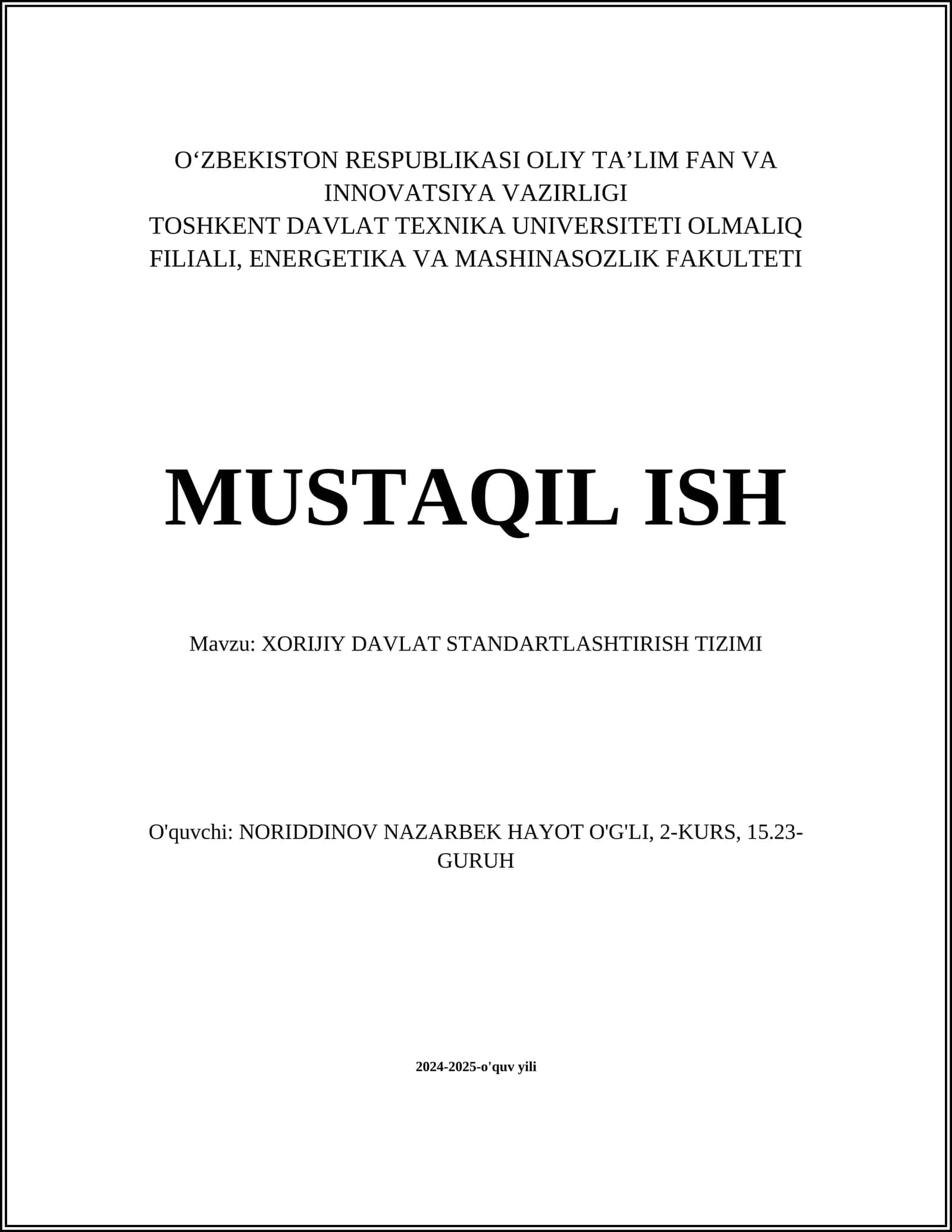 XORIJIY DAVLAT STANDARTLASHTIRISH TIZIMI