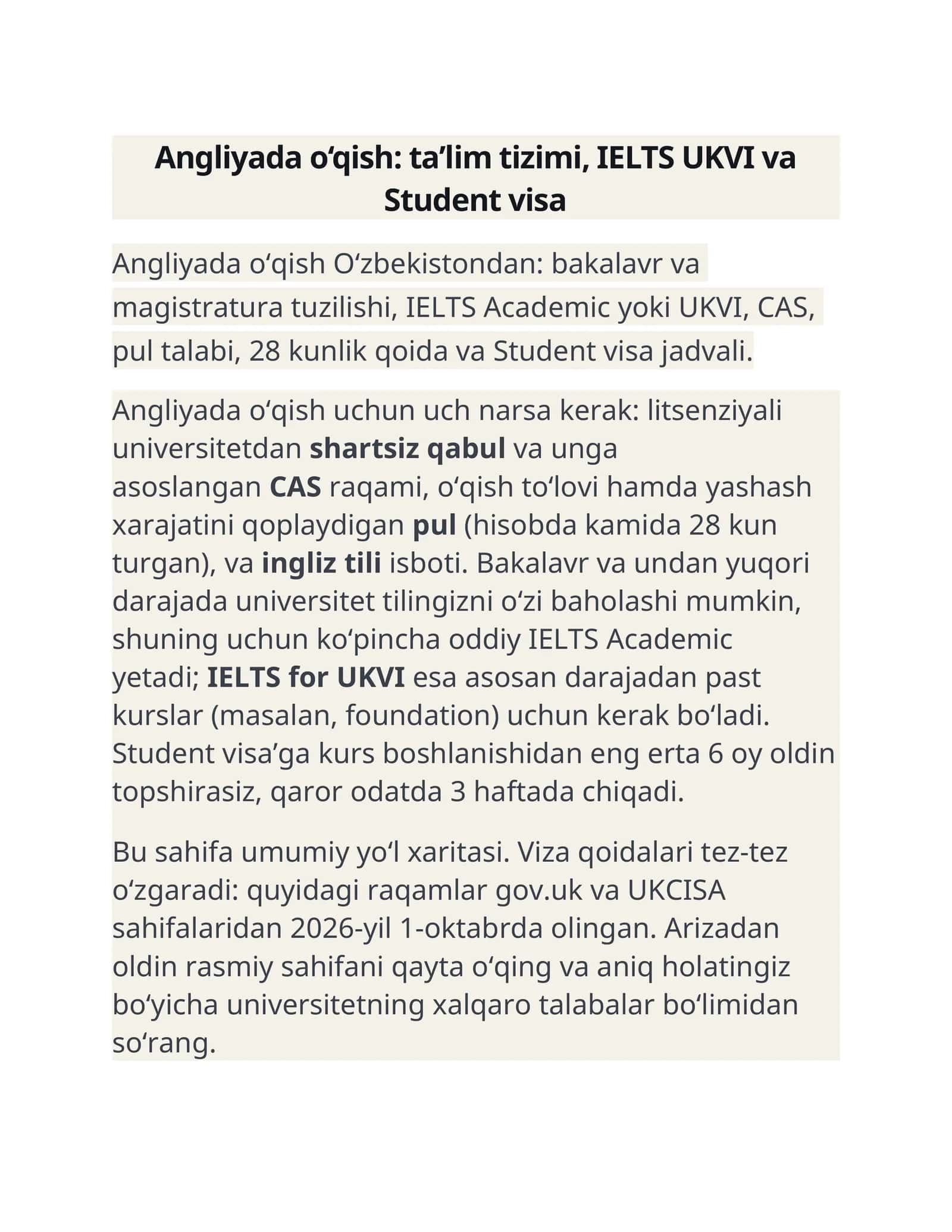 Angliyada o‘qish: ta’lim tizimi, IELTS UKVI va Student visa