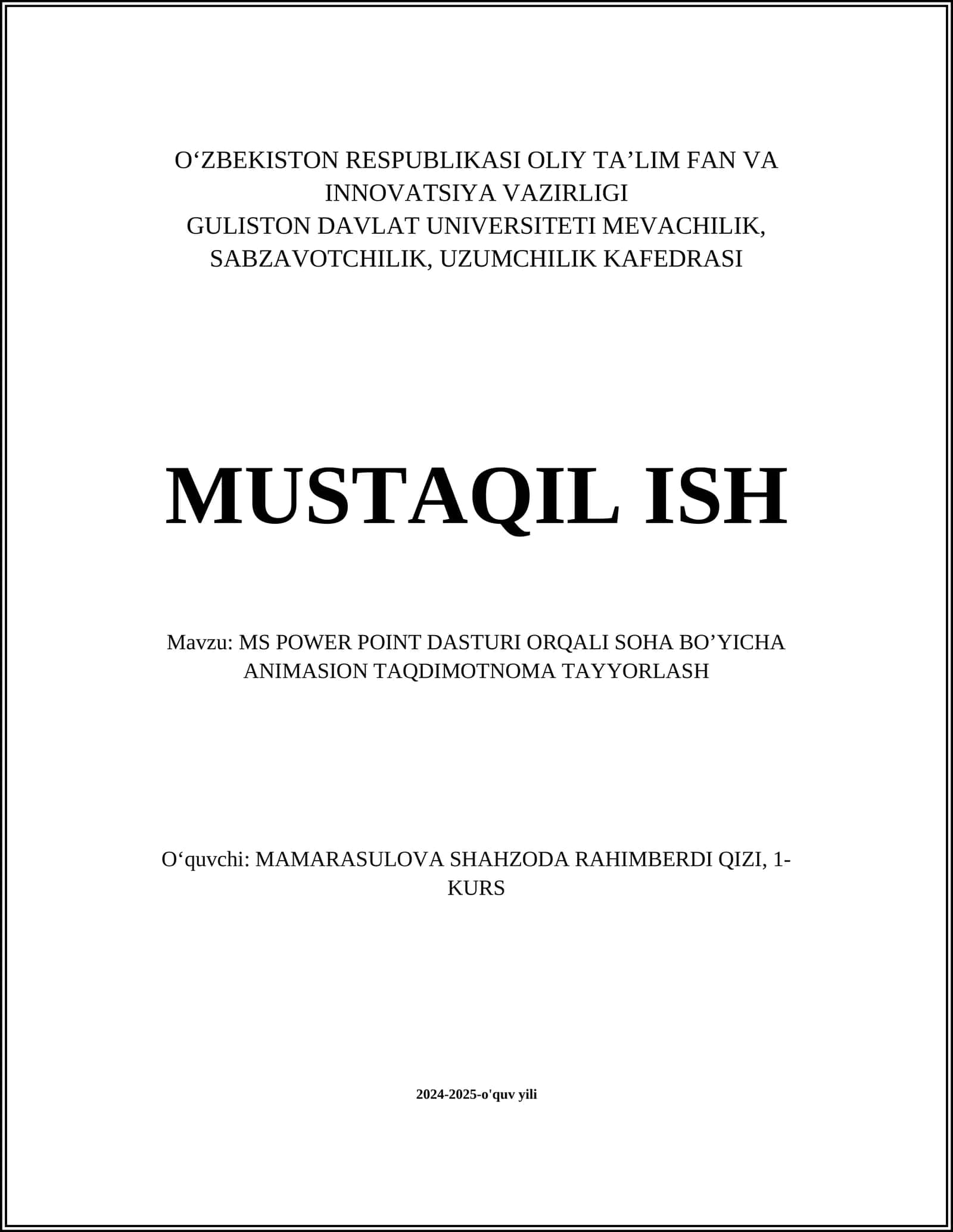 MS POWER POINT DASTURI ORQALI SOHA BOʼYICHA ANIMASION TAQDIMOTNOMA TAYYORLASH