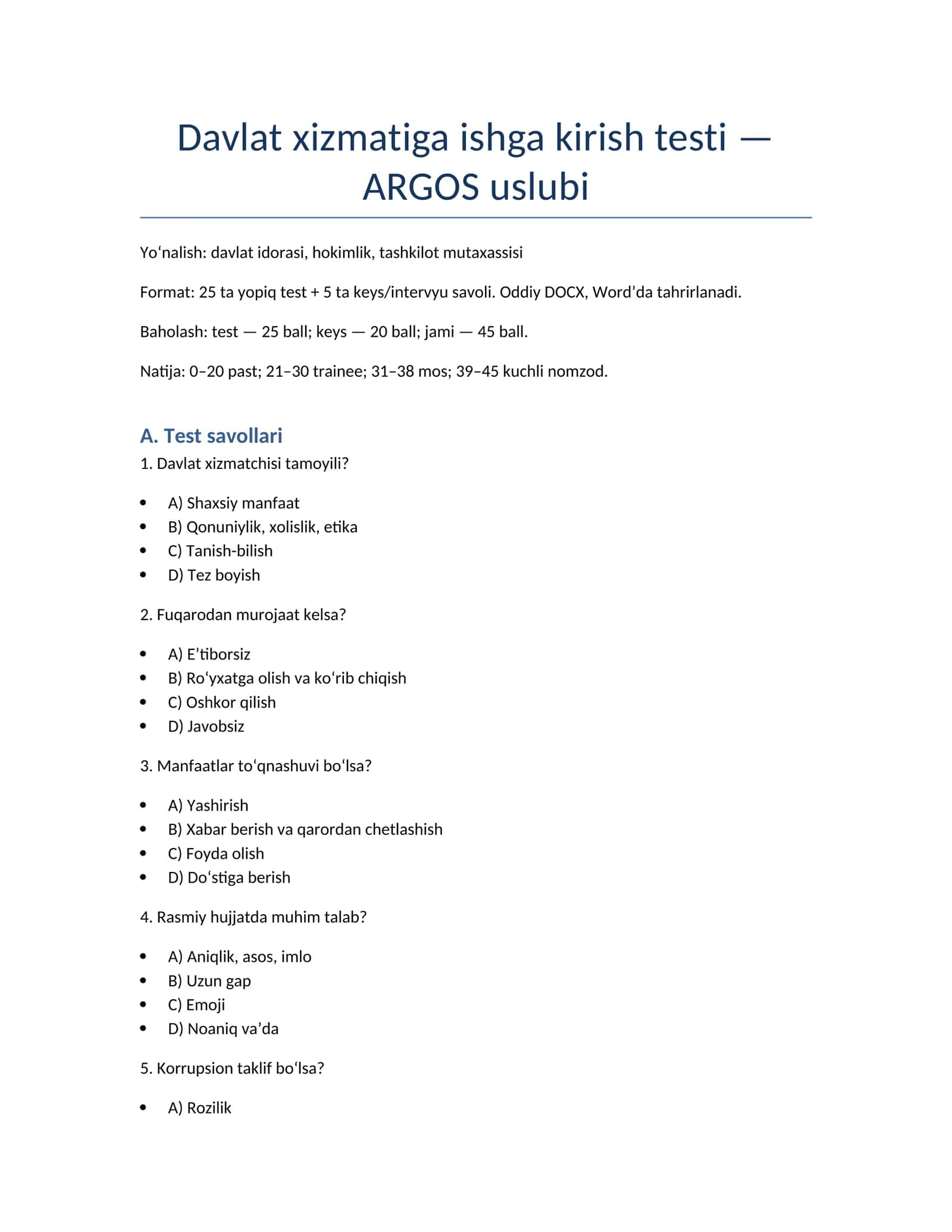 Davlat xizmatiga ishga kirish testi
