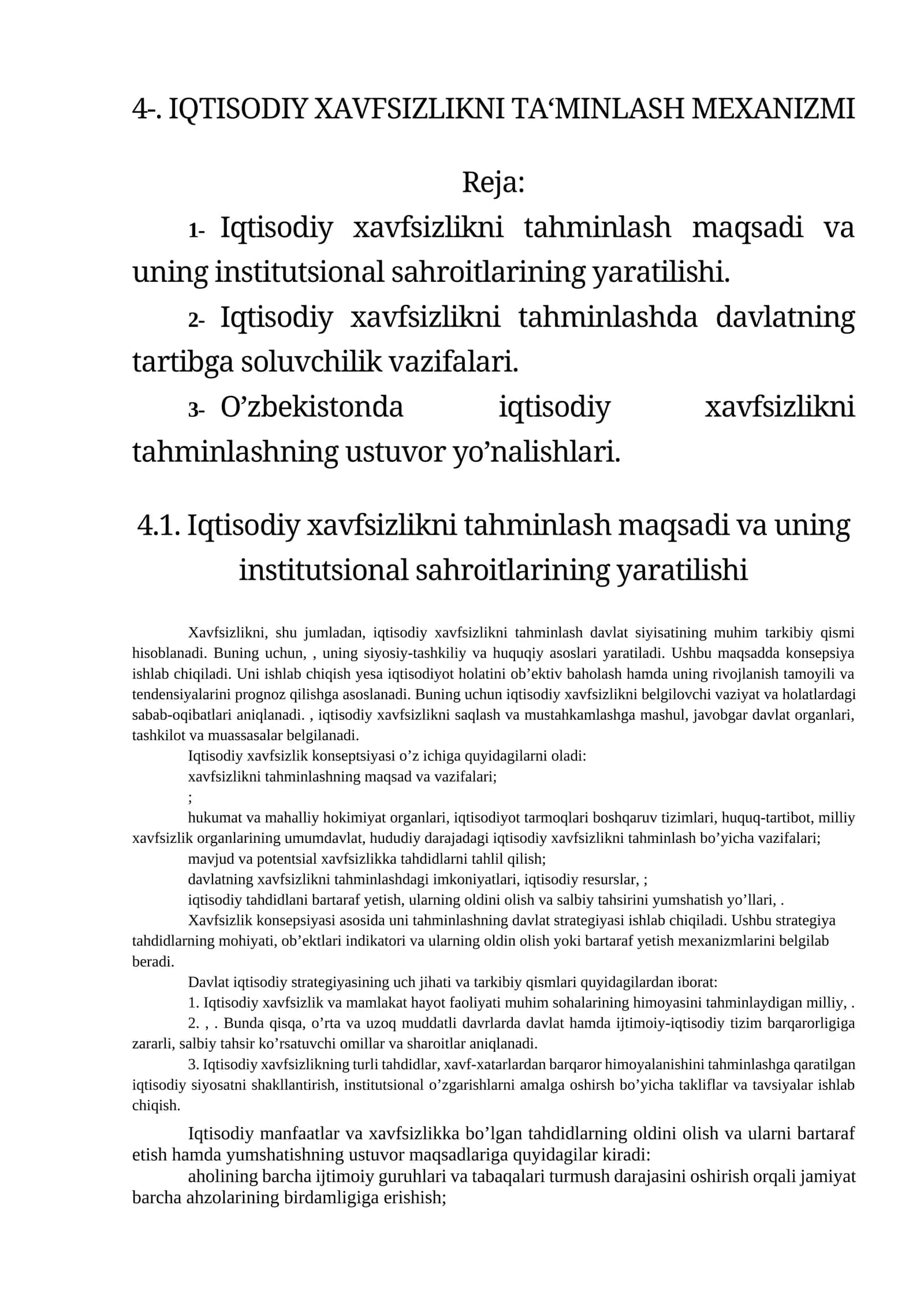 IQTISODIY XAVFSIZLIKNI TA‘MINLASH MEXANIZMI