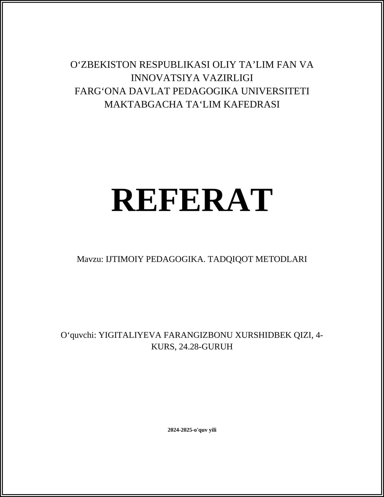 IJTIMOIY PEDAGOGIKA. TADQIQOT METODLARI