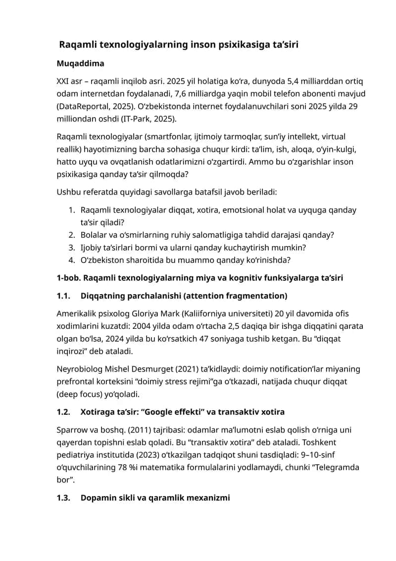 Raqamli texnologiyalarning inson psixikasiga ta’siri