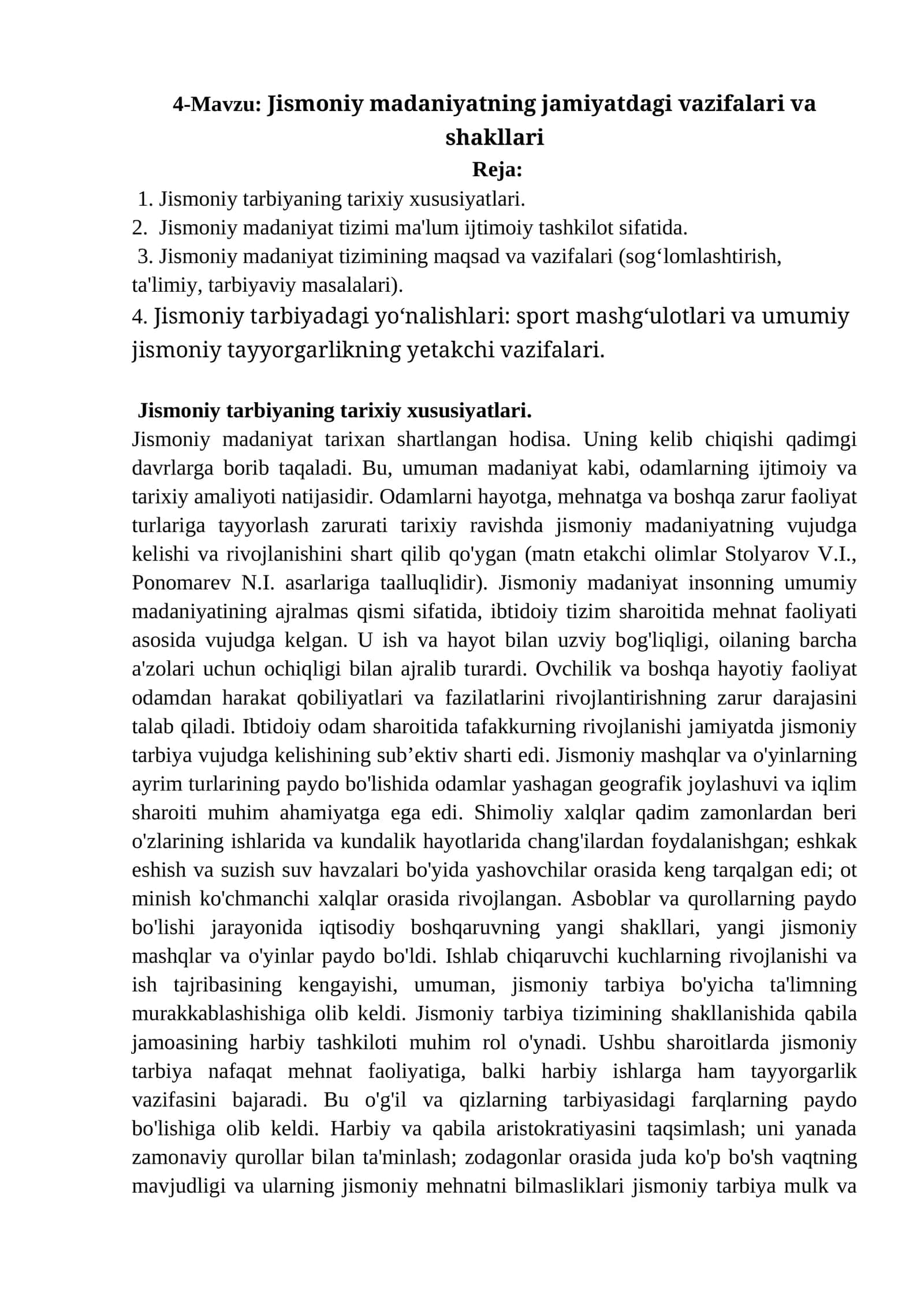 Jismoniy madaniyatning jamiyatdagi vazifalari va shakllari