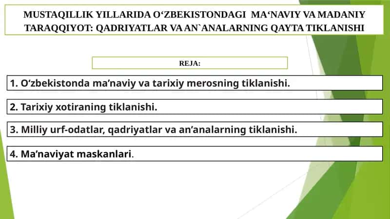 O‘ZBEKISTONDAGIMAʻNAVIY VA MADANIY TARAQQIYOT:QADRIYATLAR VA AN`ANALARNING QAYTA TIKLANISHI