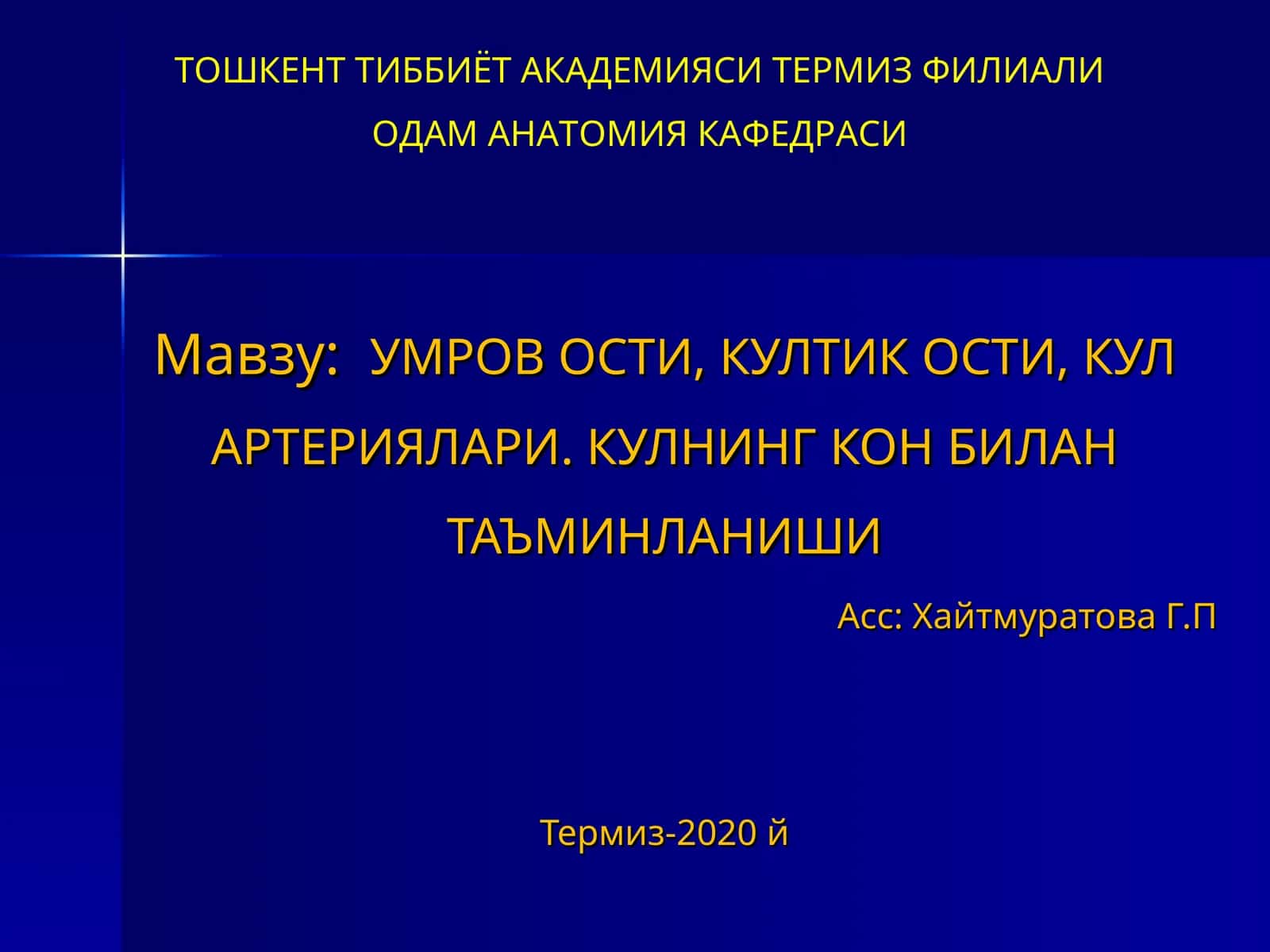 Умров ости, култик ости, кул артериялари. Кулнинг кон билан таъминланиши