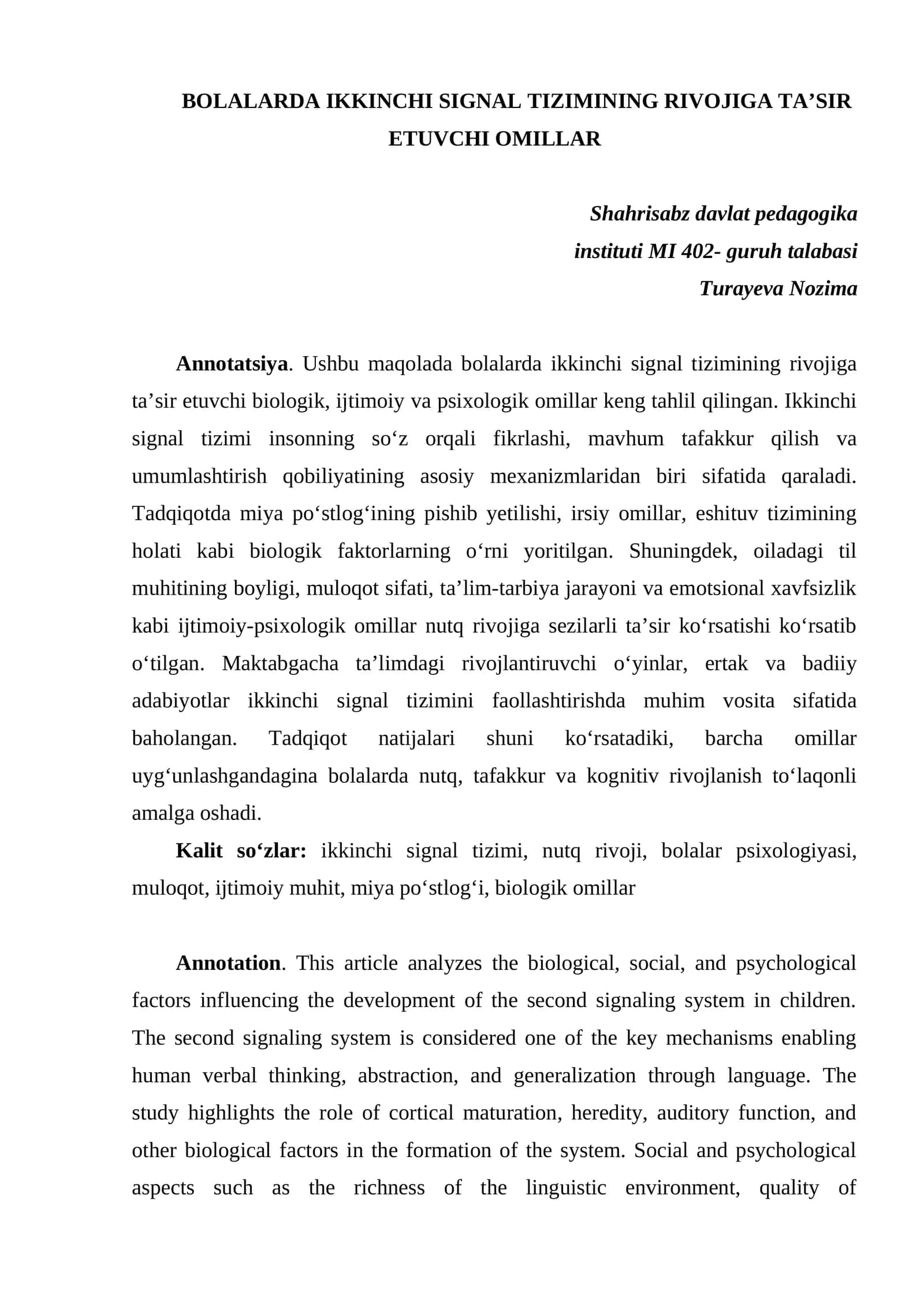 BOLALARDA IKKINCHI SIGNAL TIZIMINING RIVOJIGA TA’SIR ETUVCHI OMILLAR