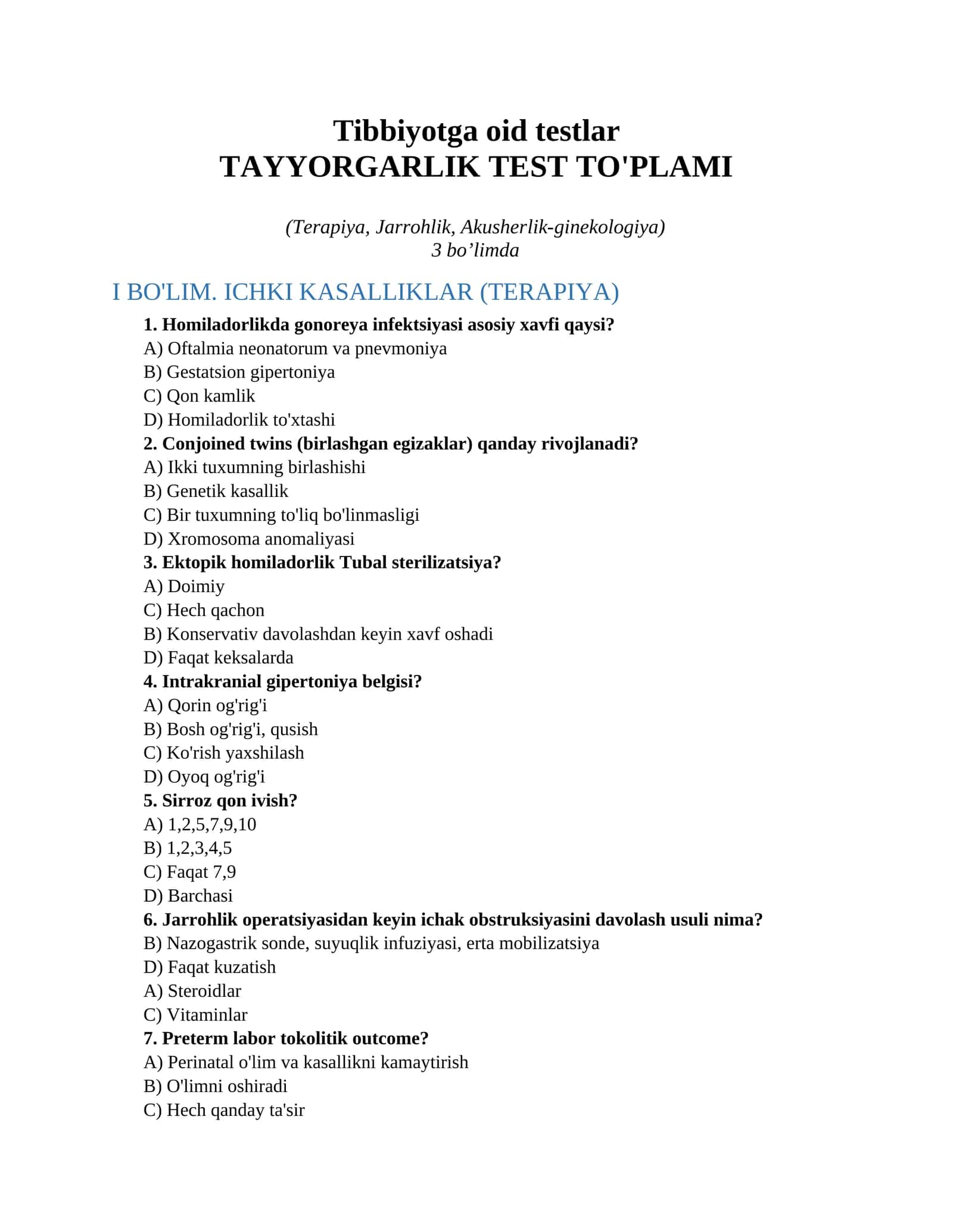 Tibbiyotga oid testlar