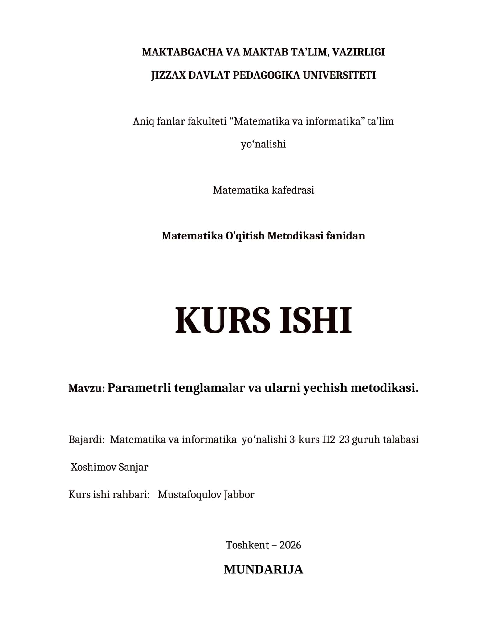 Parametrli tenglamalar va ularni yechish metodikasi