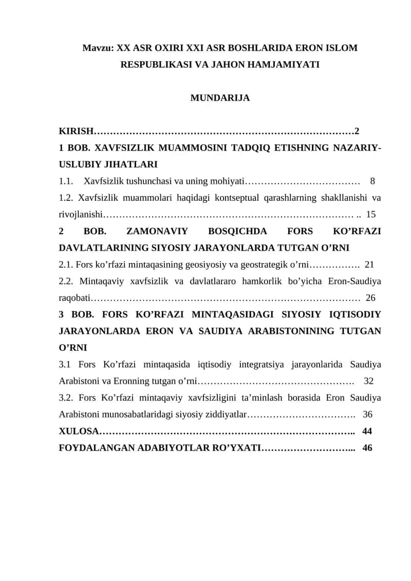 XX ASR OXIRI XXI ASR BOSHLARIDA ERON ISLOM RESPUBLIKASI VA JAHON HAMJAMIYATI