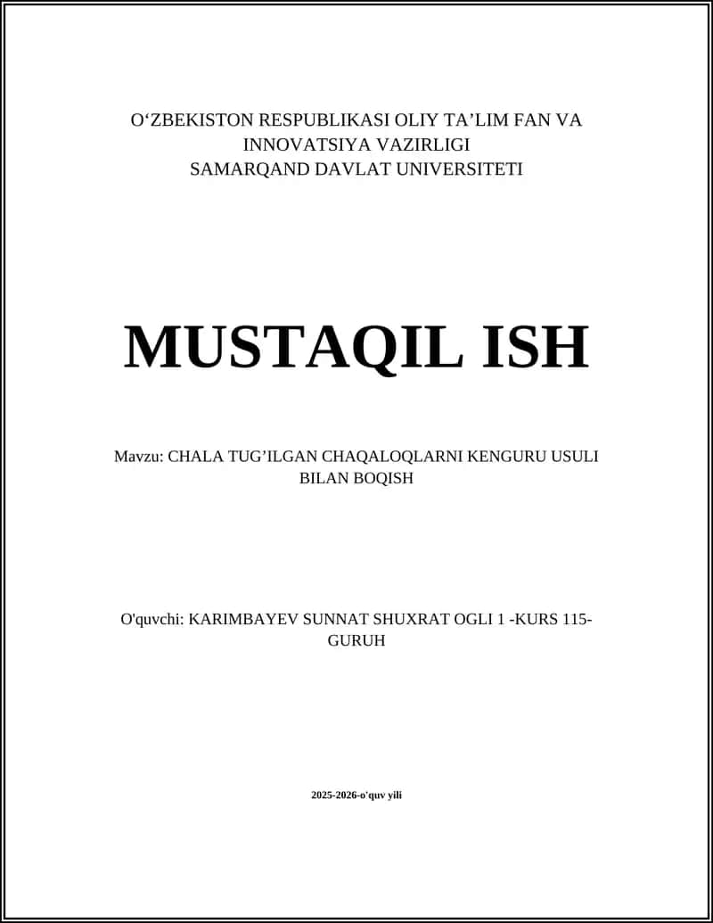 CHALA TUG’ILGAN CHAQALOQLARNI KENGURU USULI BILAN BOQISH