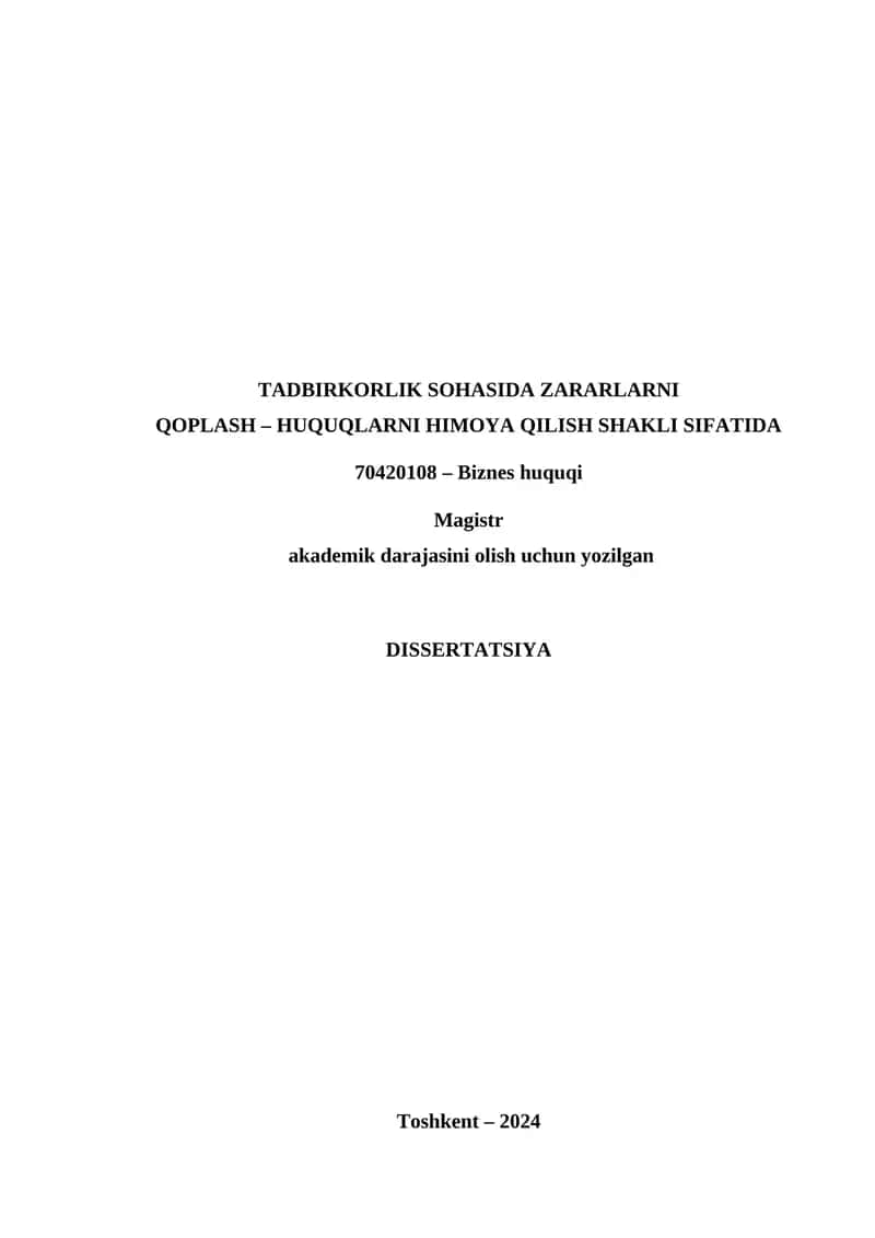 TADBIRKORLIK SOHASIDA ZARARLARNI QOPLASH – HUQUQLARNI HIMOYA QILISH SHAKLI SIFATIDA