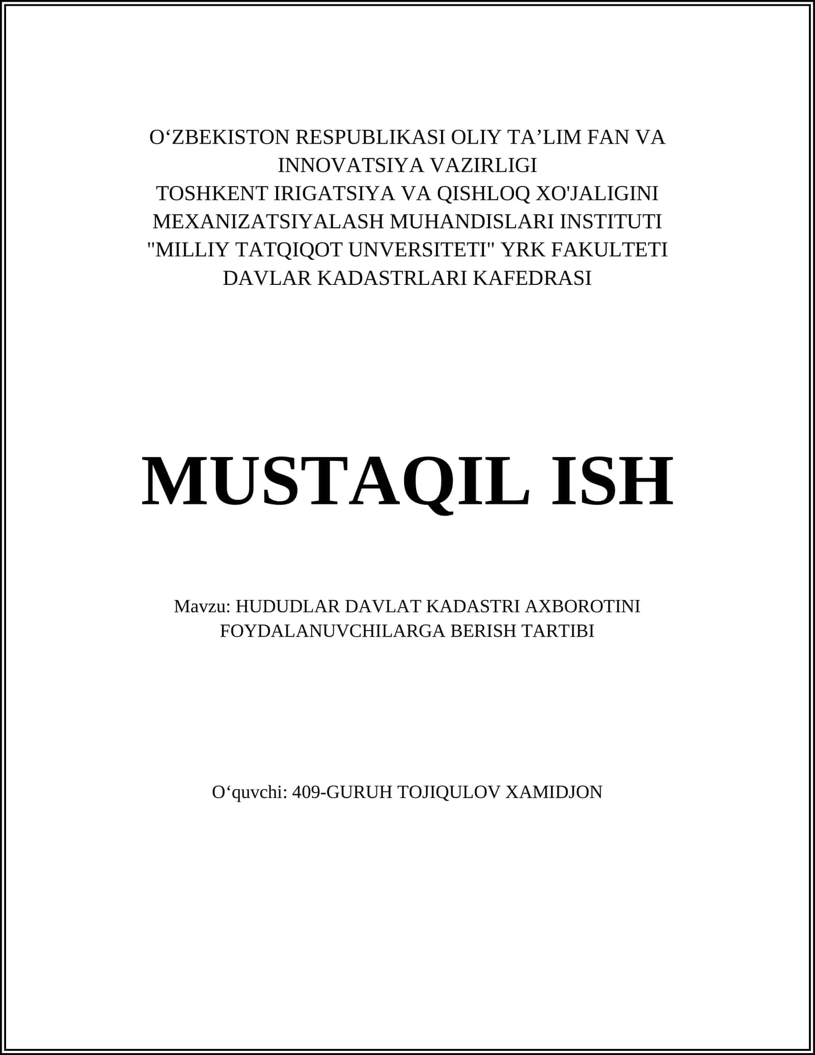 HUDUDLAR DAVLAT KADASTRI AXBOROTINI FOYDALANUVCHILARGA BERISH TARTIBI