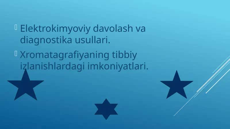 Elektrokimyoviy davolash va diagnostika usullari. Xromatagrafiyaning tibbiy izlanishlardagi imkoniyatlari