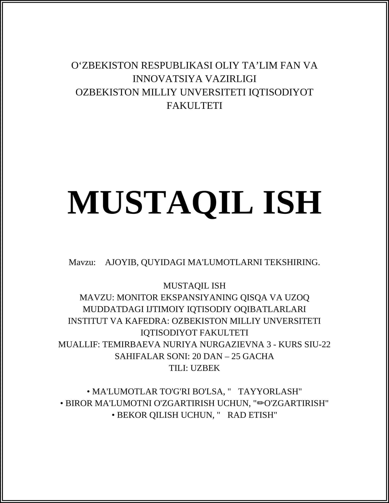 MONITOR EKSPANSIYANING QISQA VA UZOQ MUDDATDAGI IJTIMOIY IQTISODIY OQIBATLARLARI