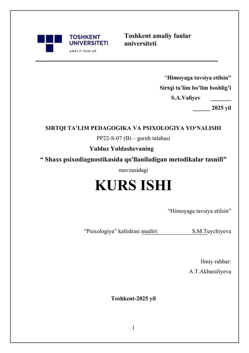 Shaxs Psixodiagnostikasida Qo'llaniladigan Metodikalar Tasnifi